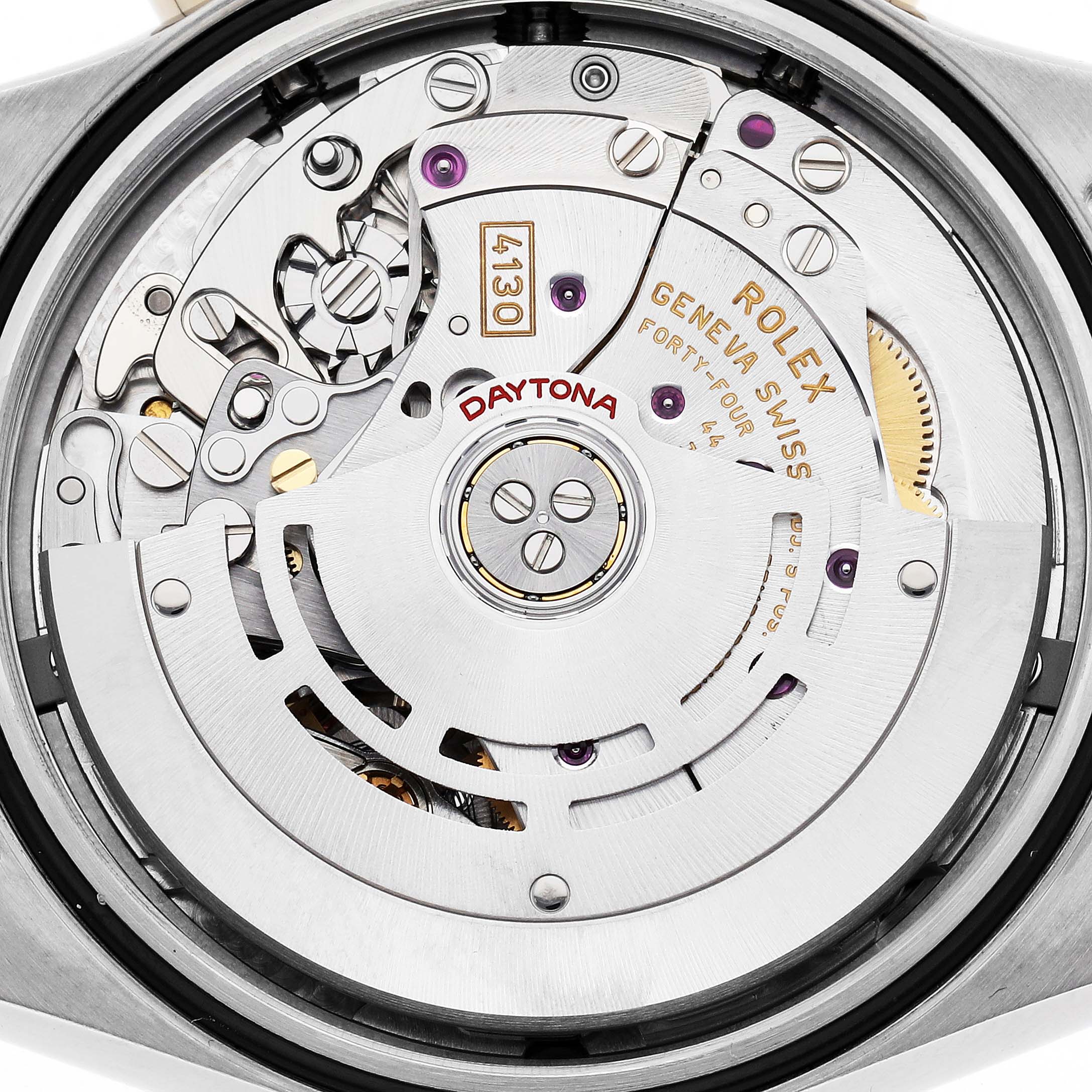 The image shows the movement of a Rolex Daytona 116503 Men
s Steel and Gold (two tone) Mother of Pearl Dial 116503 Men
s Steel and Gold (two tone) Mother of Pearl Dial watch from a top-down angle, highlighting its intricate mechanical components.