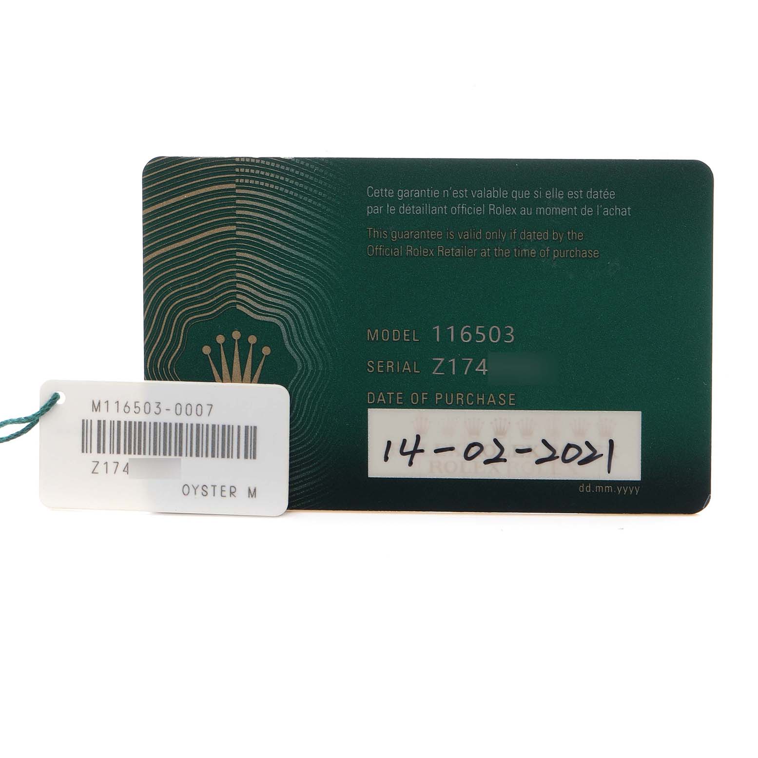 The image shows a warranty card and tag for a Rolex Daytona 116503 Men
s Steel and Gold (two tone) Mother of Pearl Dial 116503 Men
s Steel and Gold (two tone) Mother of Pearl Dial model, displaying the model number, serial number, and purchase date.