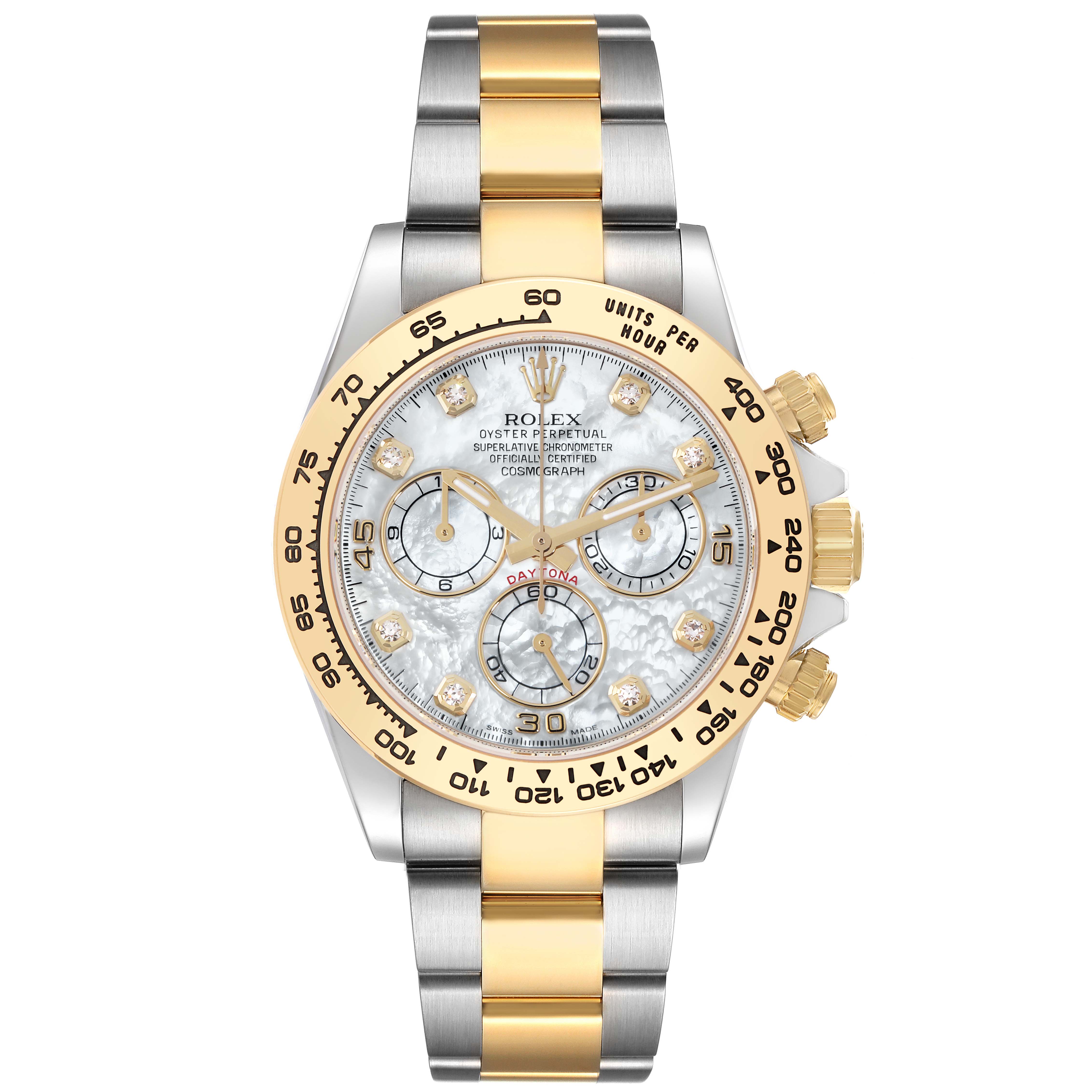 The Rolex Daytona 116503 Men
s Steel and Gold (two tone) Mother of Pearl Dial 116503 Men
s Steel and Gold (two tone) Mother of Pearl Dial watch is shown from the front, displaying the bezel, dial, and bracelet clearly.