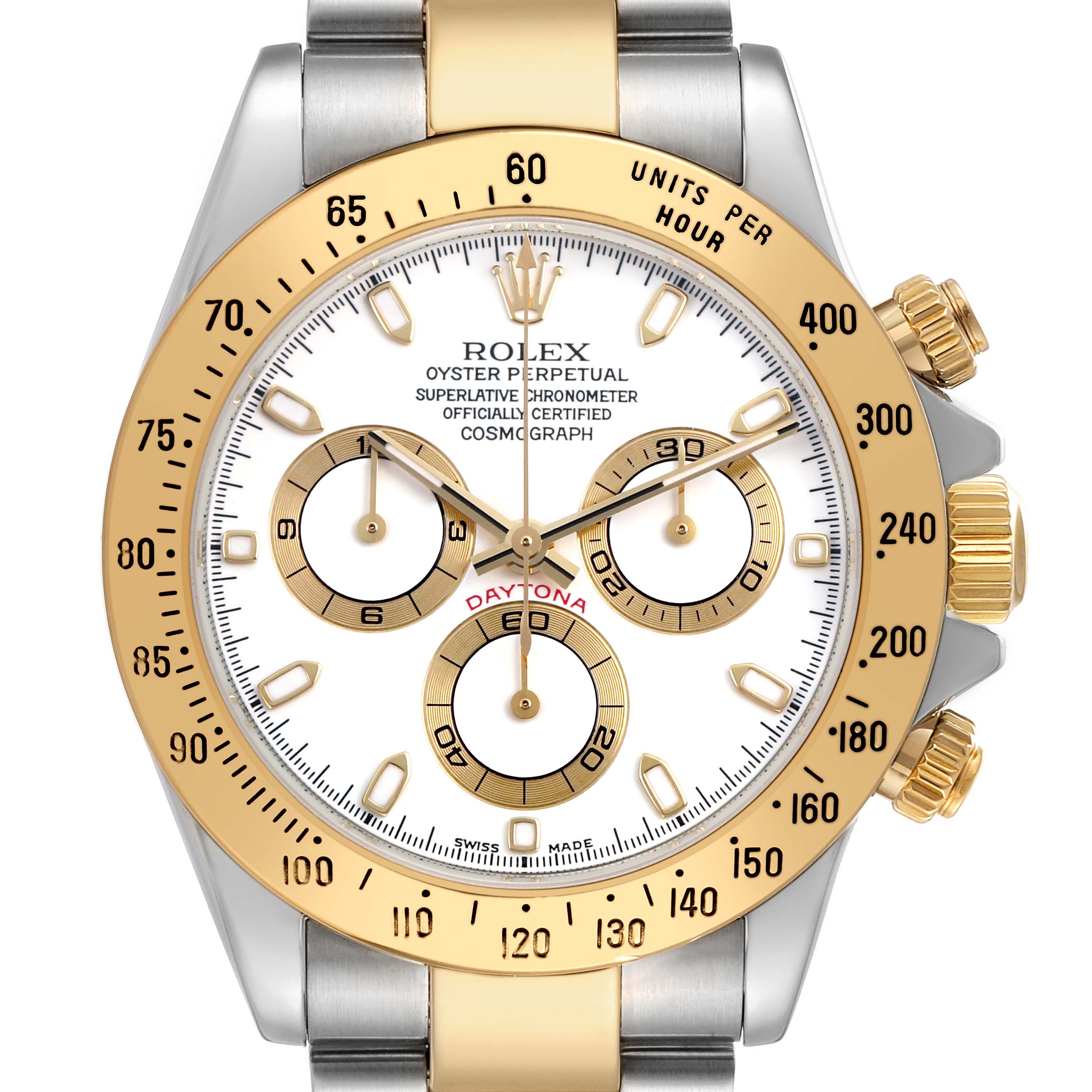 The Rolex Daytona 116523 Men's Stainless Steel White Dial watch is shown from the front, highlighting the gold bezel, white dial, subdials, and bracelet.