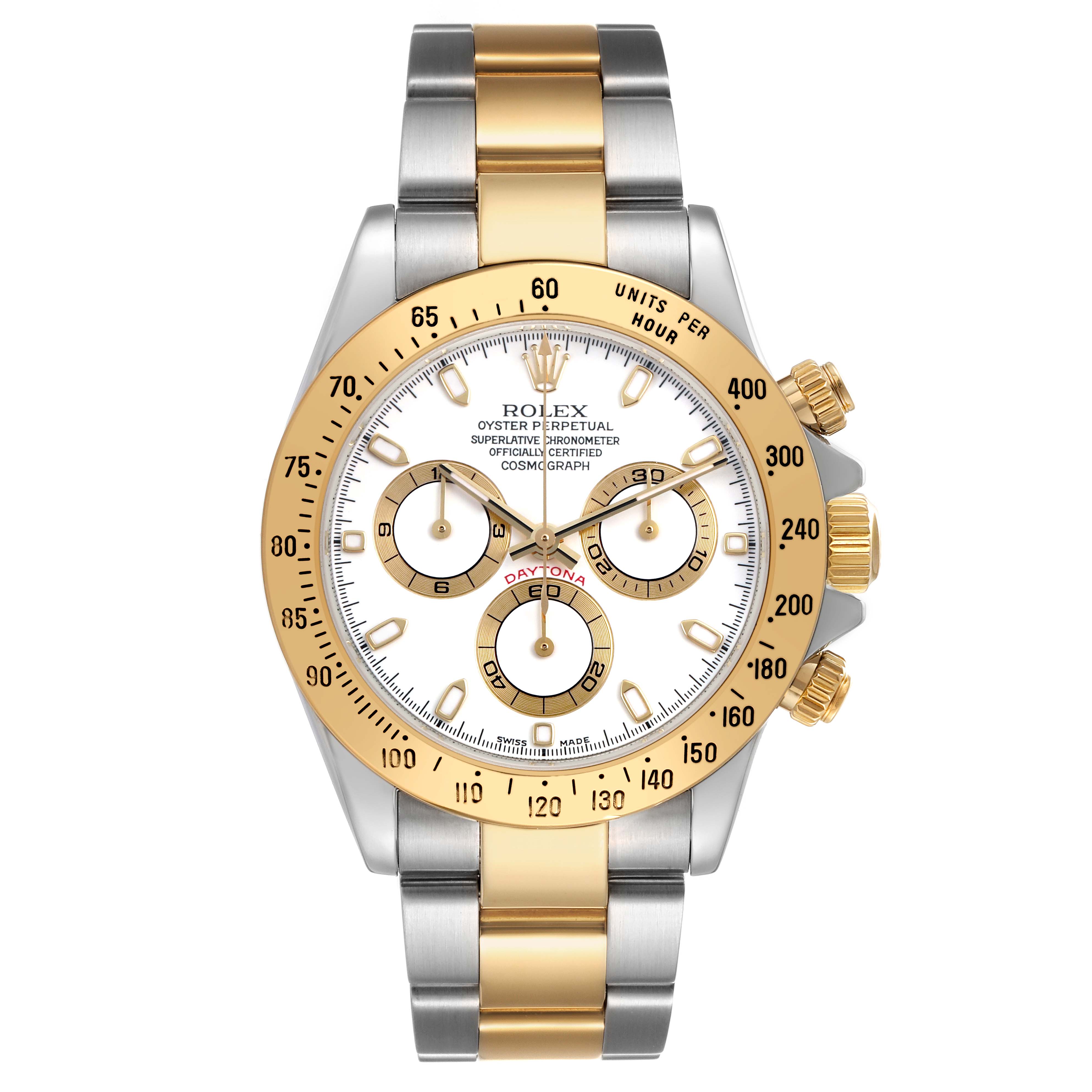 The Rolex Daytona 116523 Men's Stainless Steel White Dial watch is shown from the front, highlighting the dial, bezel, bracelet, and chronograph subdials.