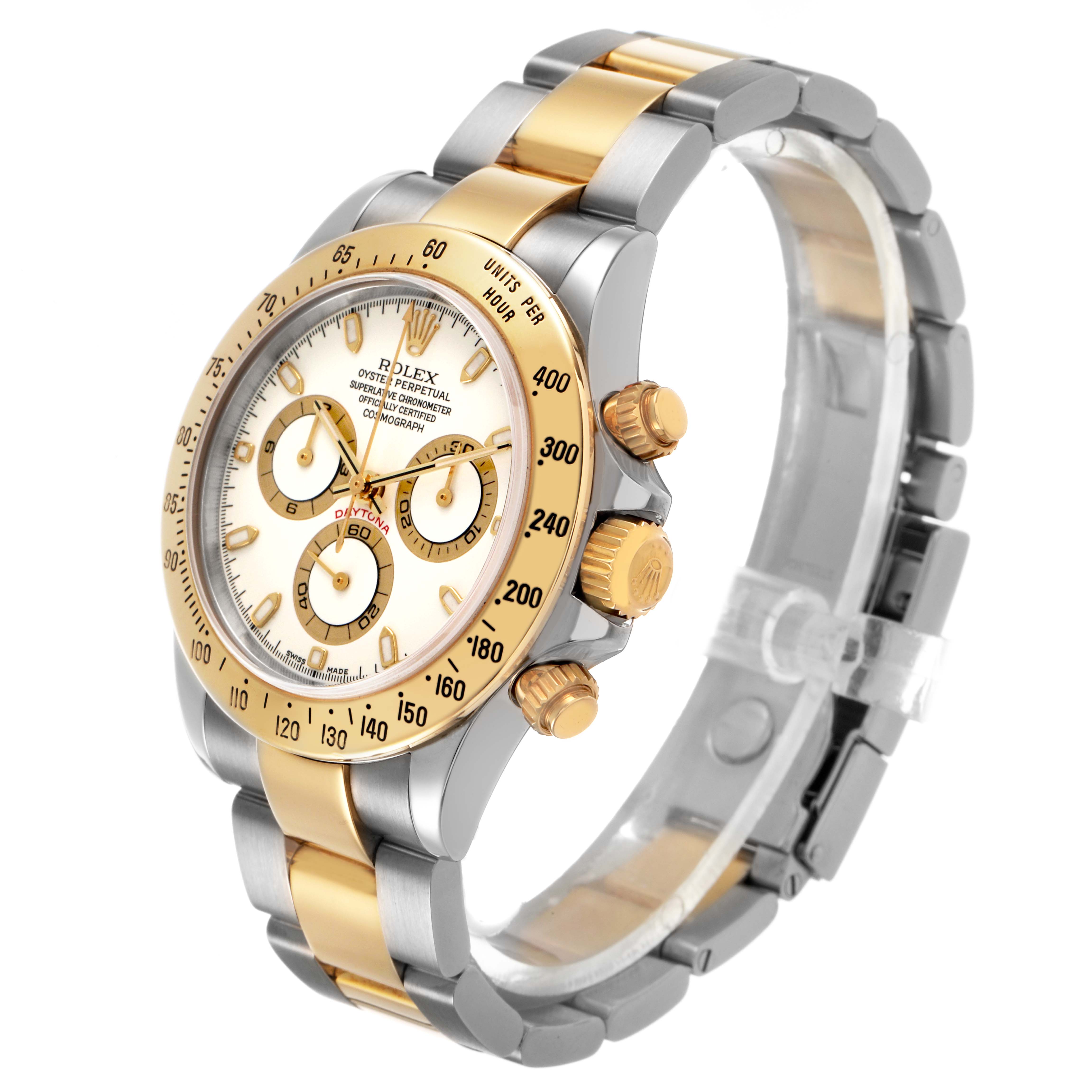 The Rolex Daytona 116523 Men's Stainless Steel White Dial watch is shown at a 3/4 angle, displaying the face, bezel, pushers, and part of the bracelet.