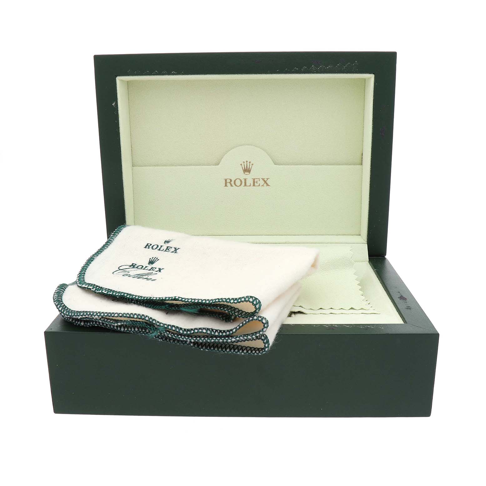 The image shows a Rolex Daytona 116523 Men's Stainless Steel White Dial watch box and cleaning cloths, viewed from the front with the box lid open.
