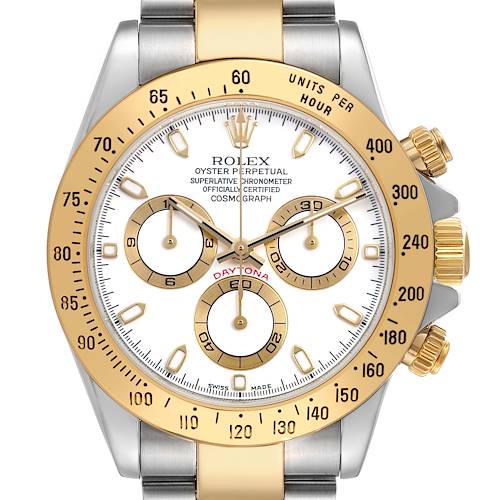 The Rolex Daytona 116523 Men's Stainless Steel White Dial watch is shown from the front, displaying its bezel, dial, and chronograph sub-dials.