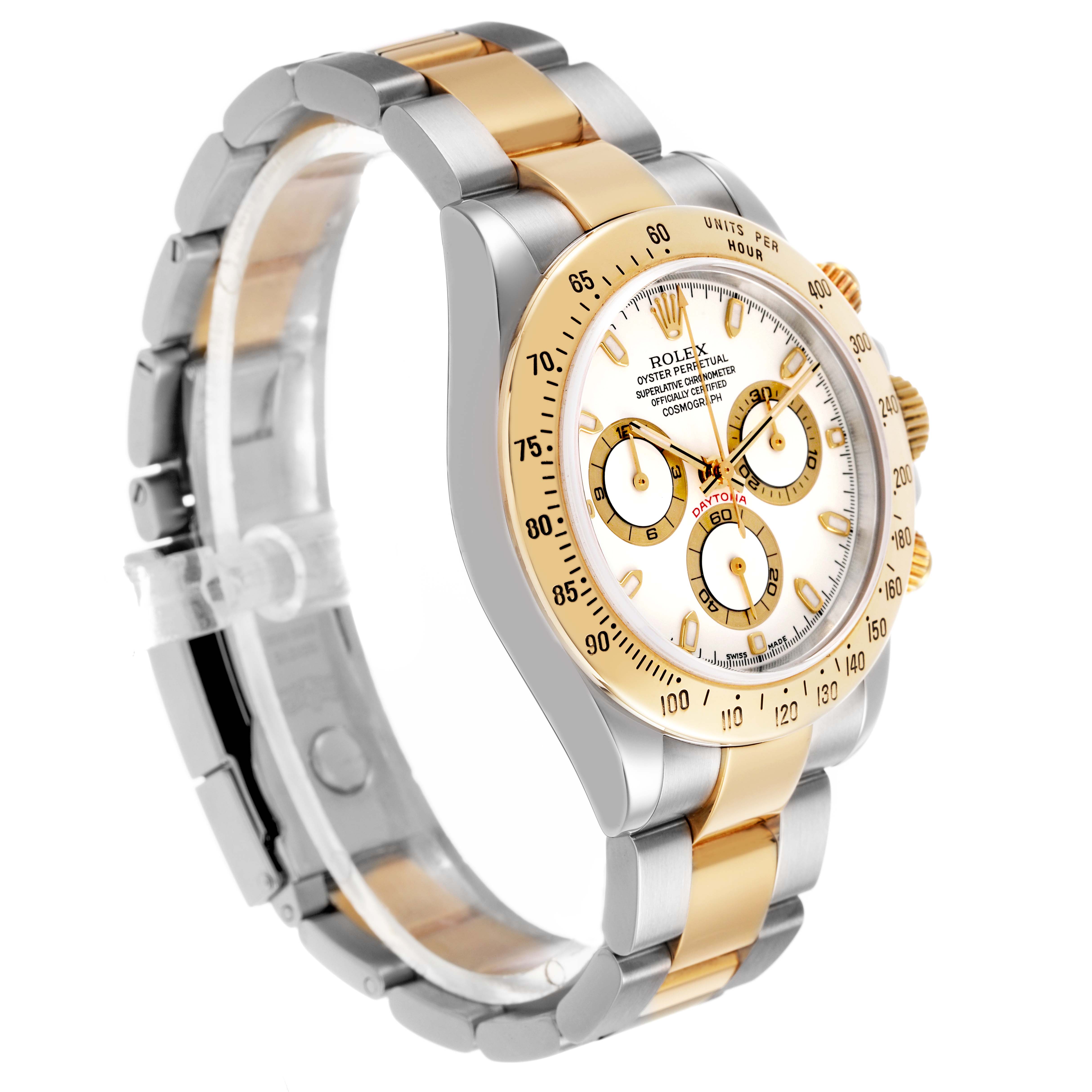 The Rolex Daytona 116523 Men's Stainless Steel White Dial watch is shown at a 3/4 angle, highlighting its face, bezel, and two-tone bracelet.