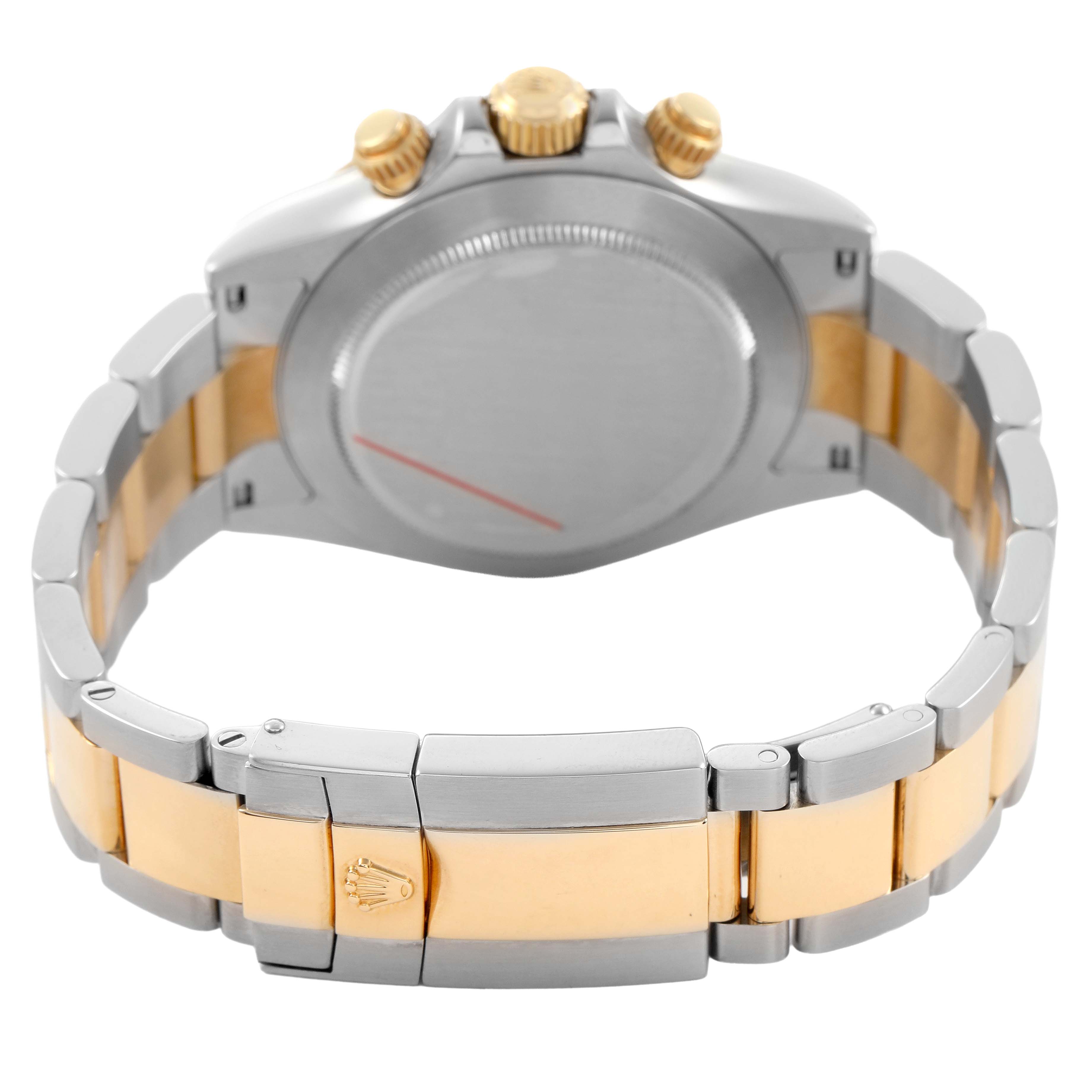 The image shows the back of a Rolex Daytona 116523 Men's Stainless Steel White Dial watch, highlighting the metal bracelet and clasp.