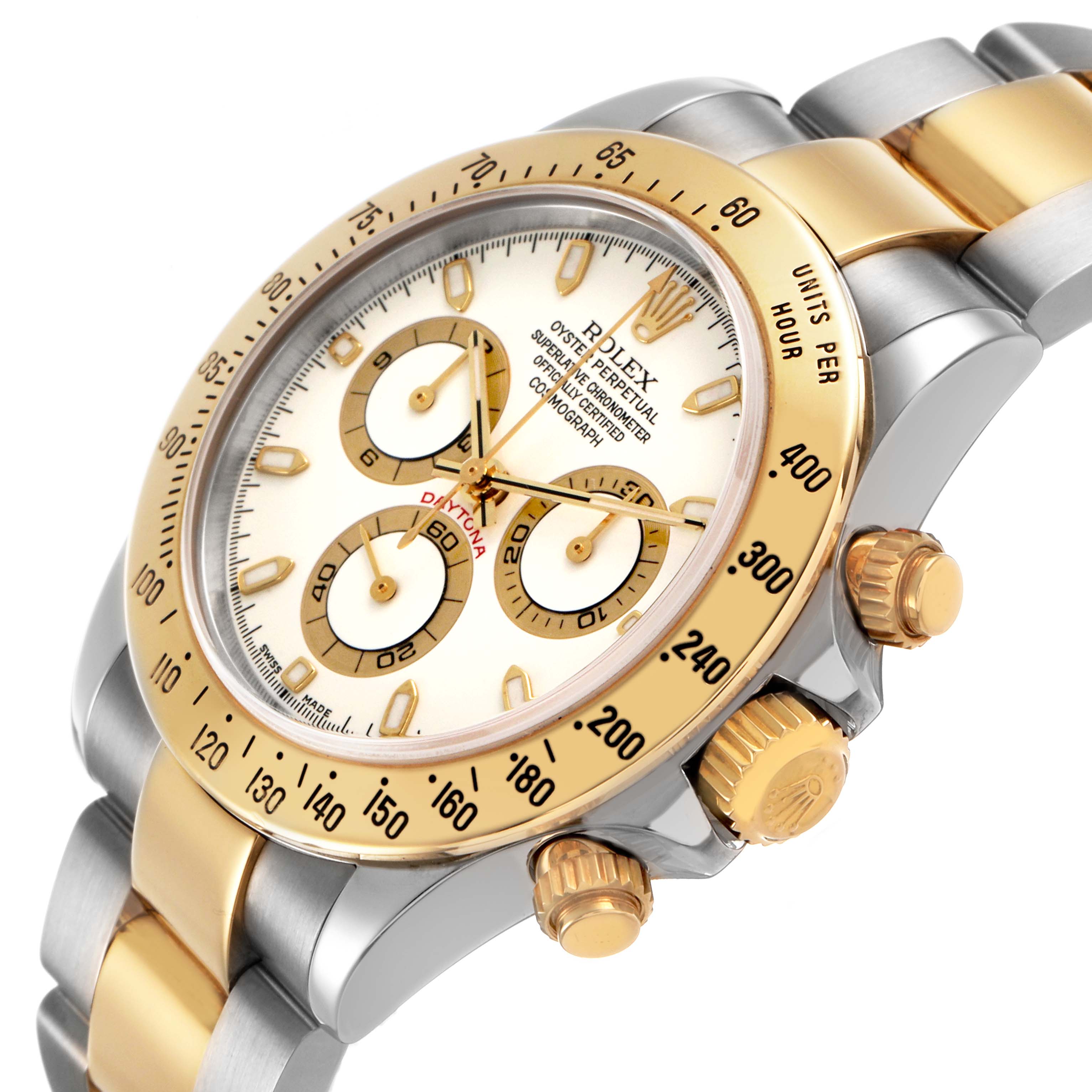 The Rolex Daytona 116523 Men's Stainless Steel White Dial watch is shown at an angled view, highlighting the bezel, crown, pushers, dial, and part of the bracelet.