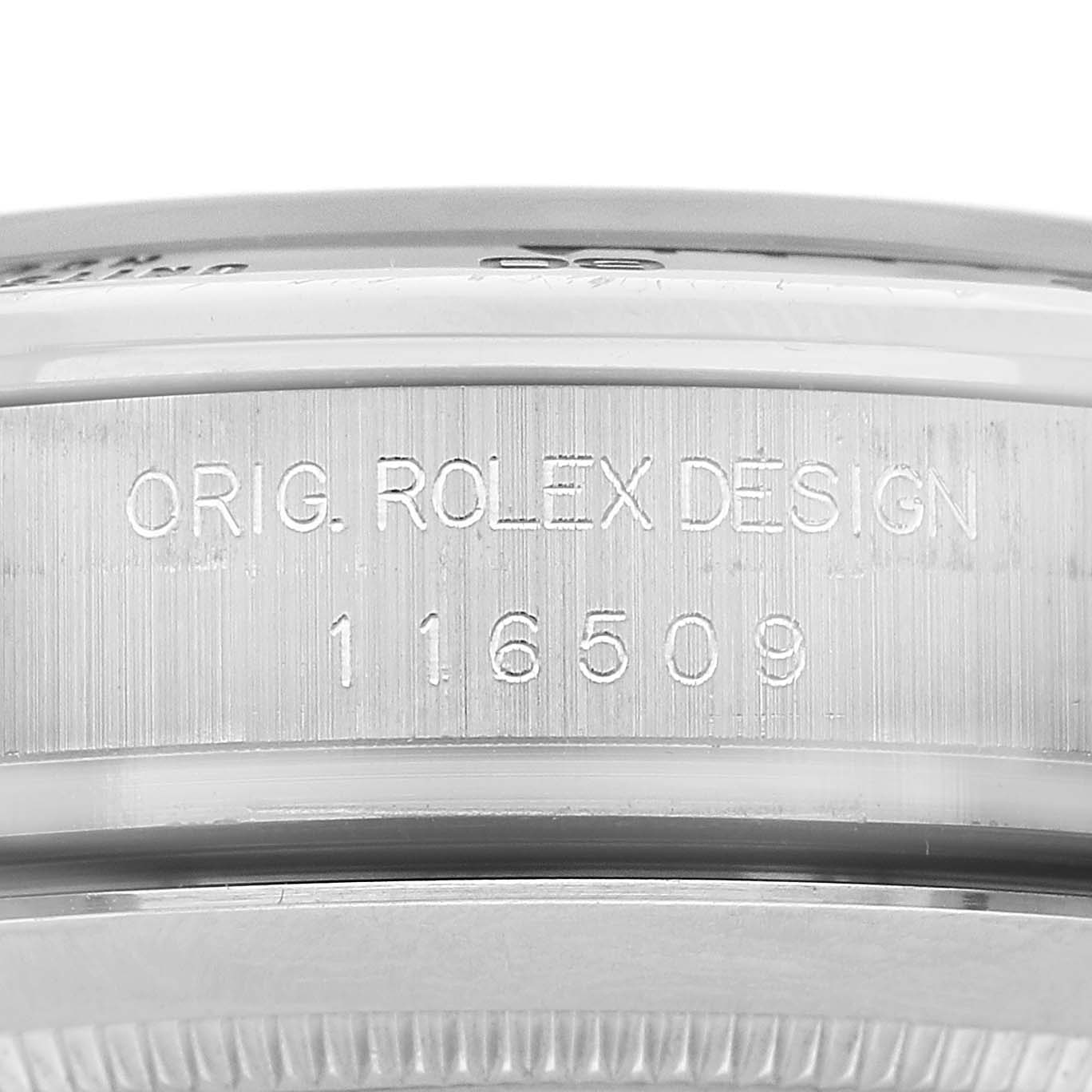 The image shows the side of a Rolex Daytona 116509 Men's White Gold Black Dial watch case, featuring "ORIG. ROLEX DESIGN" and model number 116509.