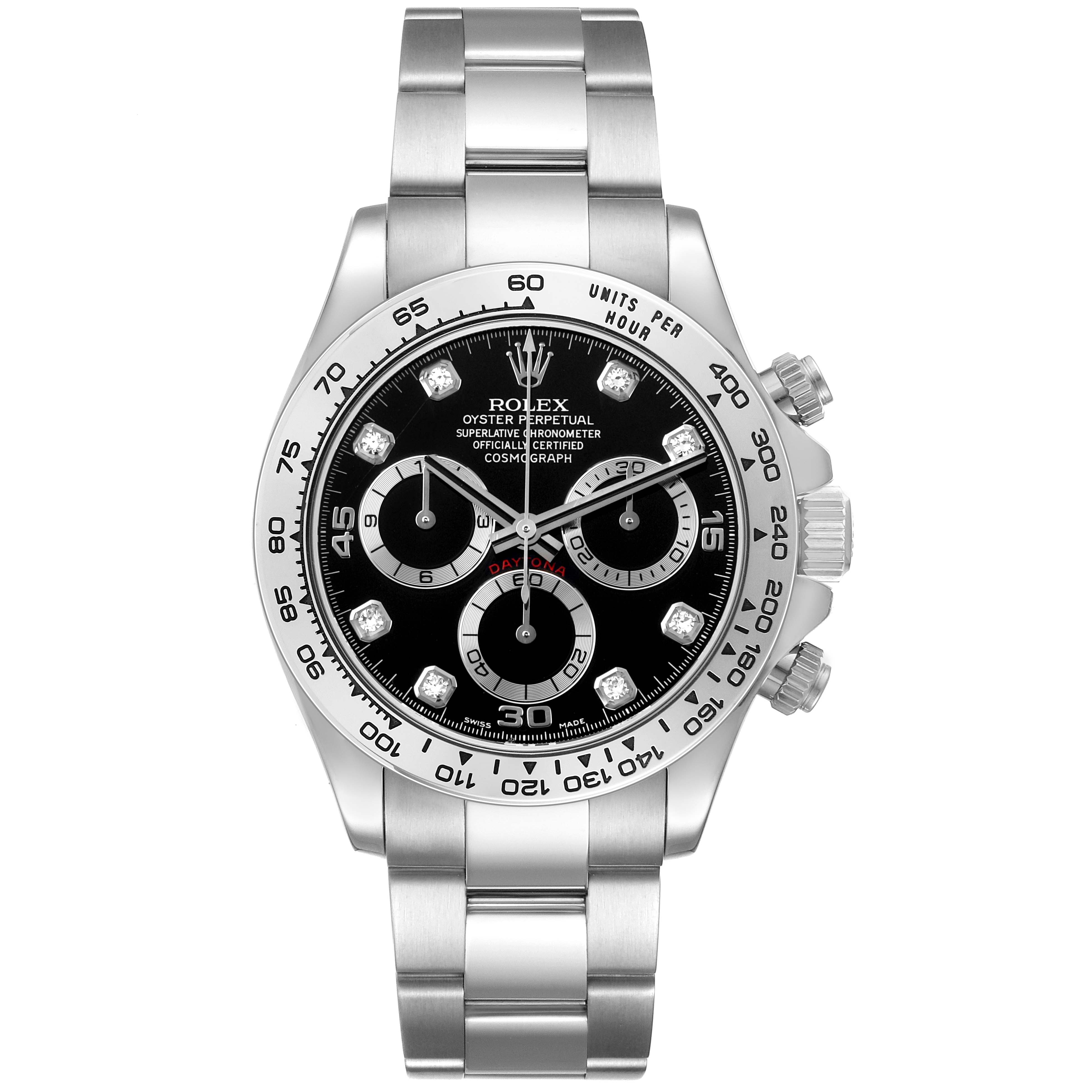 The Rolex Daytona 116509 Men's White Gold Black Dial watch is shown from a frontal angle, displaying the dial, bezel, and bracelet prominently.