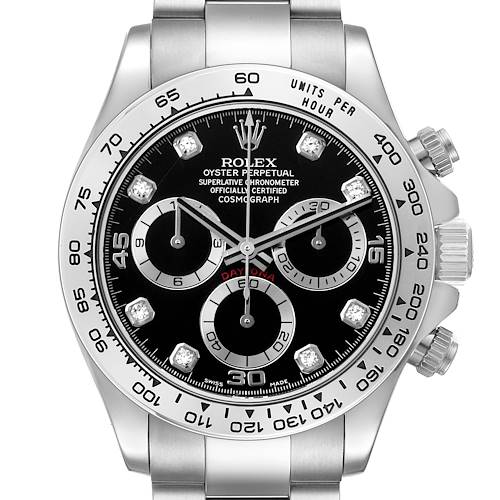 The image shows a frontal view of the Rolex Daytona 116509 Men's White Gold Black Dial watch, highlighting its dial, bezel, and pushers.