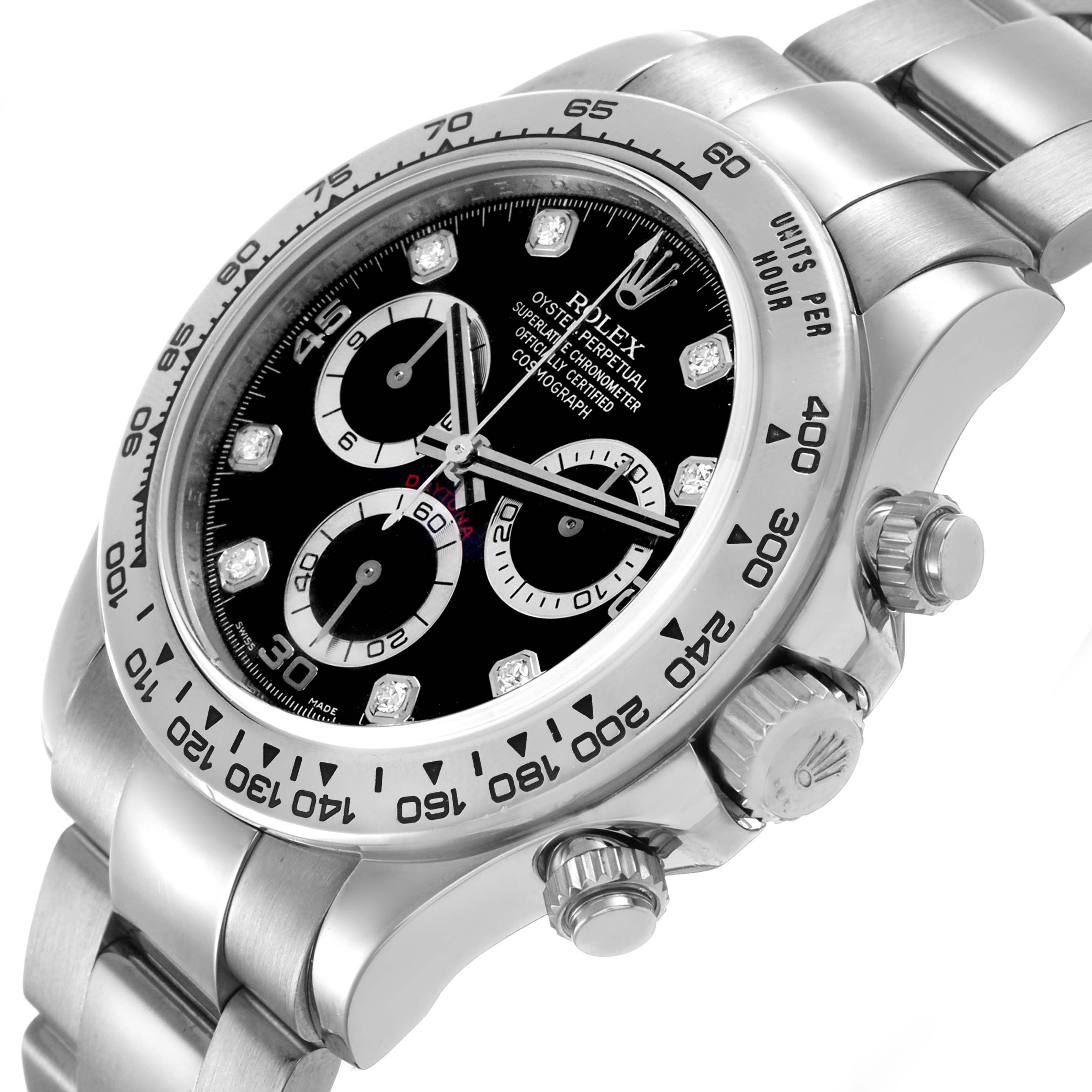 The Rolex Daytona 116509 Men's White Gold Black Dial watch is shown at a slight side angle, highlighting the bezel, crown, and pushers.