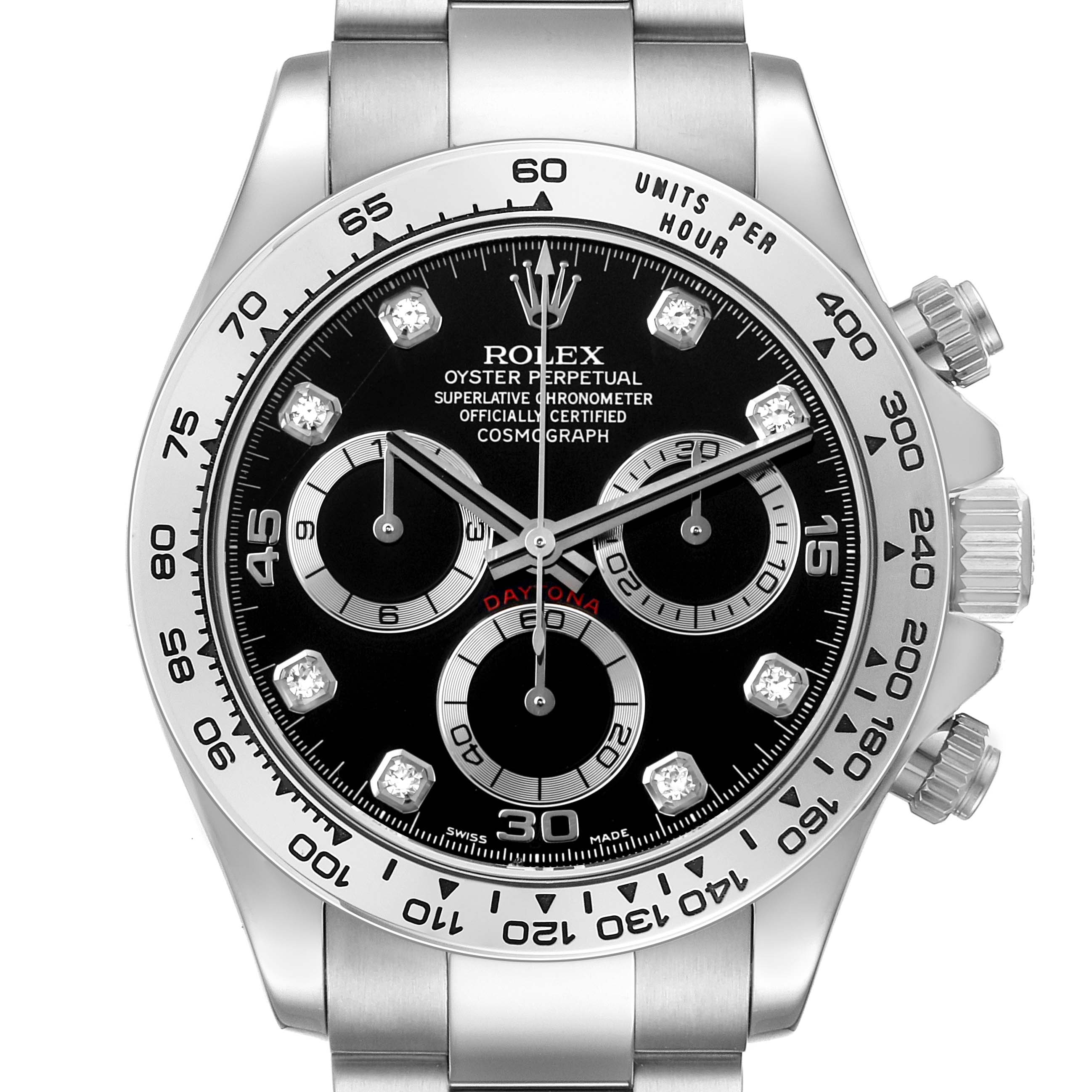 The image shows a front view of a Rolex Daytona 116509 Men's White Gold Black Dial watch, highlighting the dial, bezel, and crown.