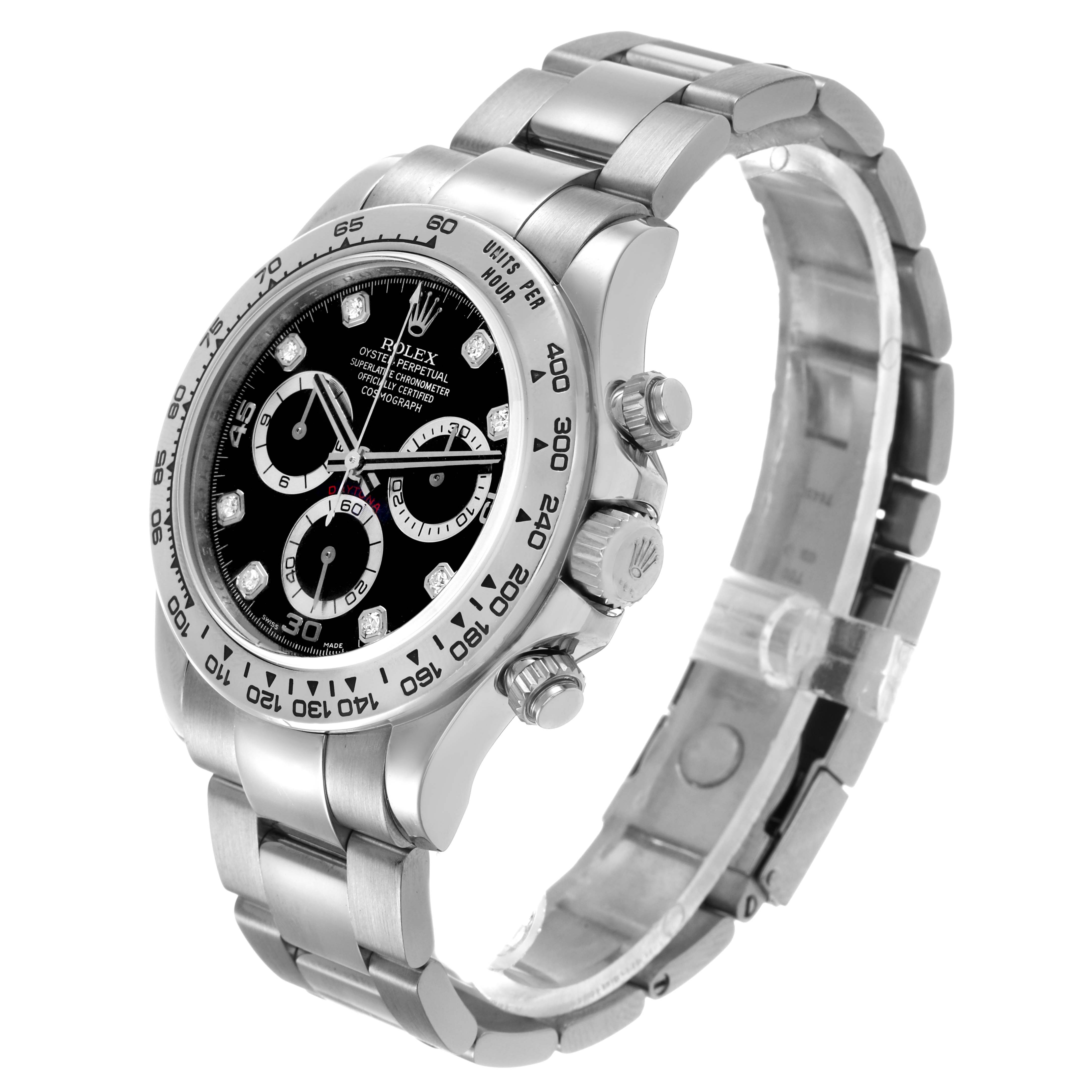 The Rolex Daytona 116509 Men's White Gold Black Dial watch is shown at a three-quarter angle, displaying the dial, bezel, crown, pushers, and bracelet.