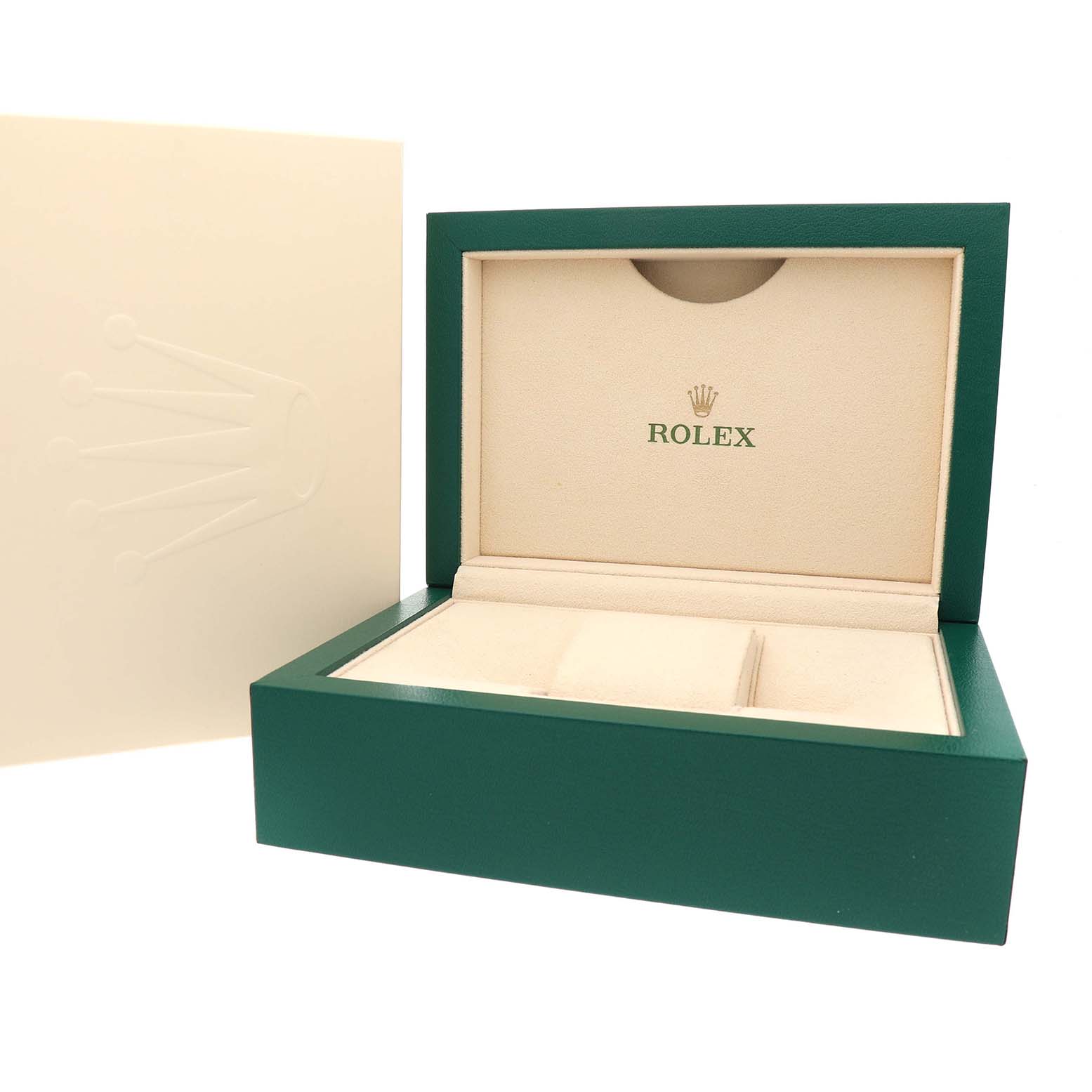 The image shows an open Rolex watch box for a Daytona model, displaying its interior compartments from a frontal angle.