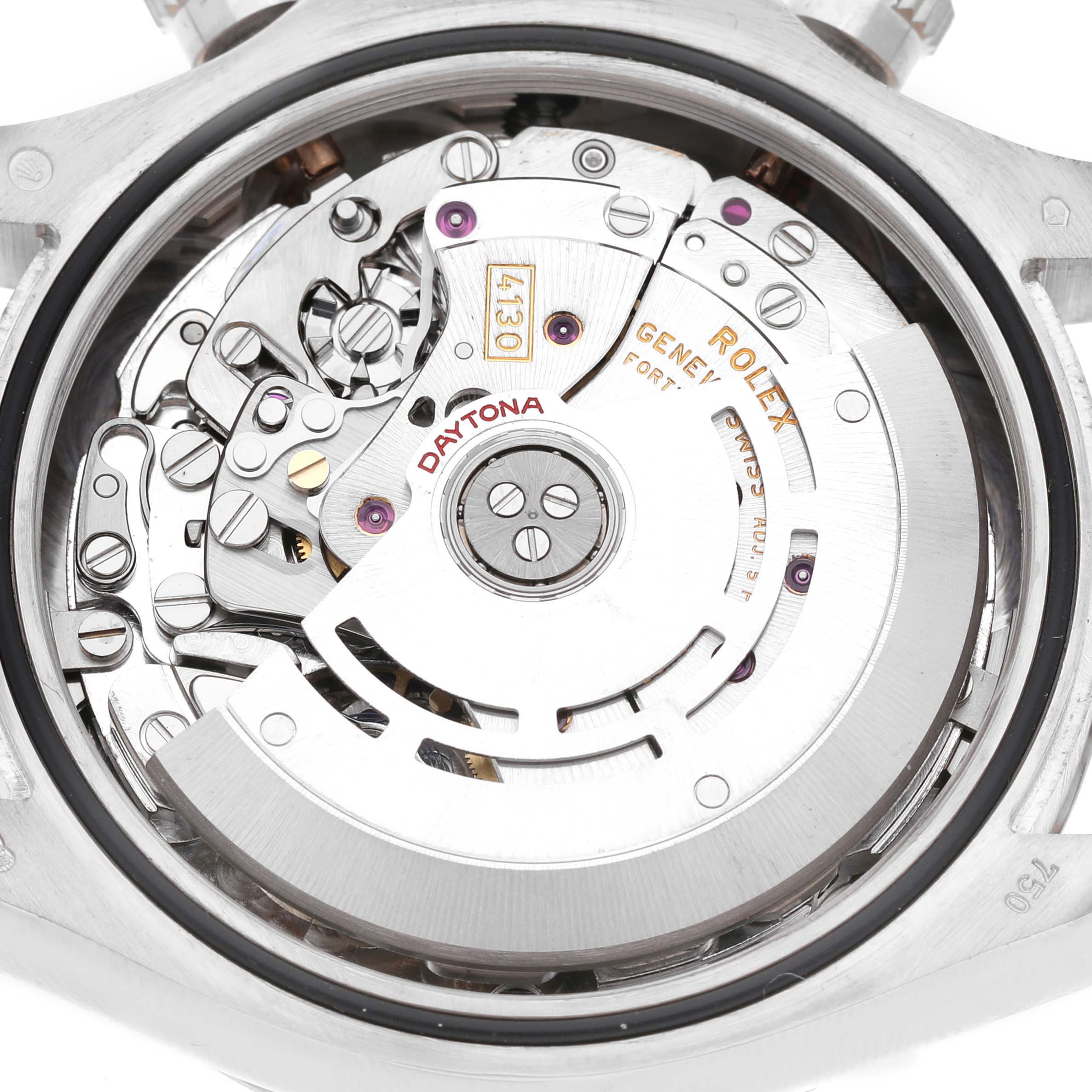 The image shows the movement mechanism of a Rolex Daytona 116509 Men's White Gold Black Dial watch, viewed from the back.