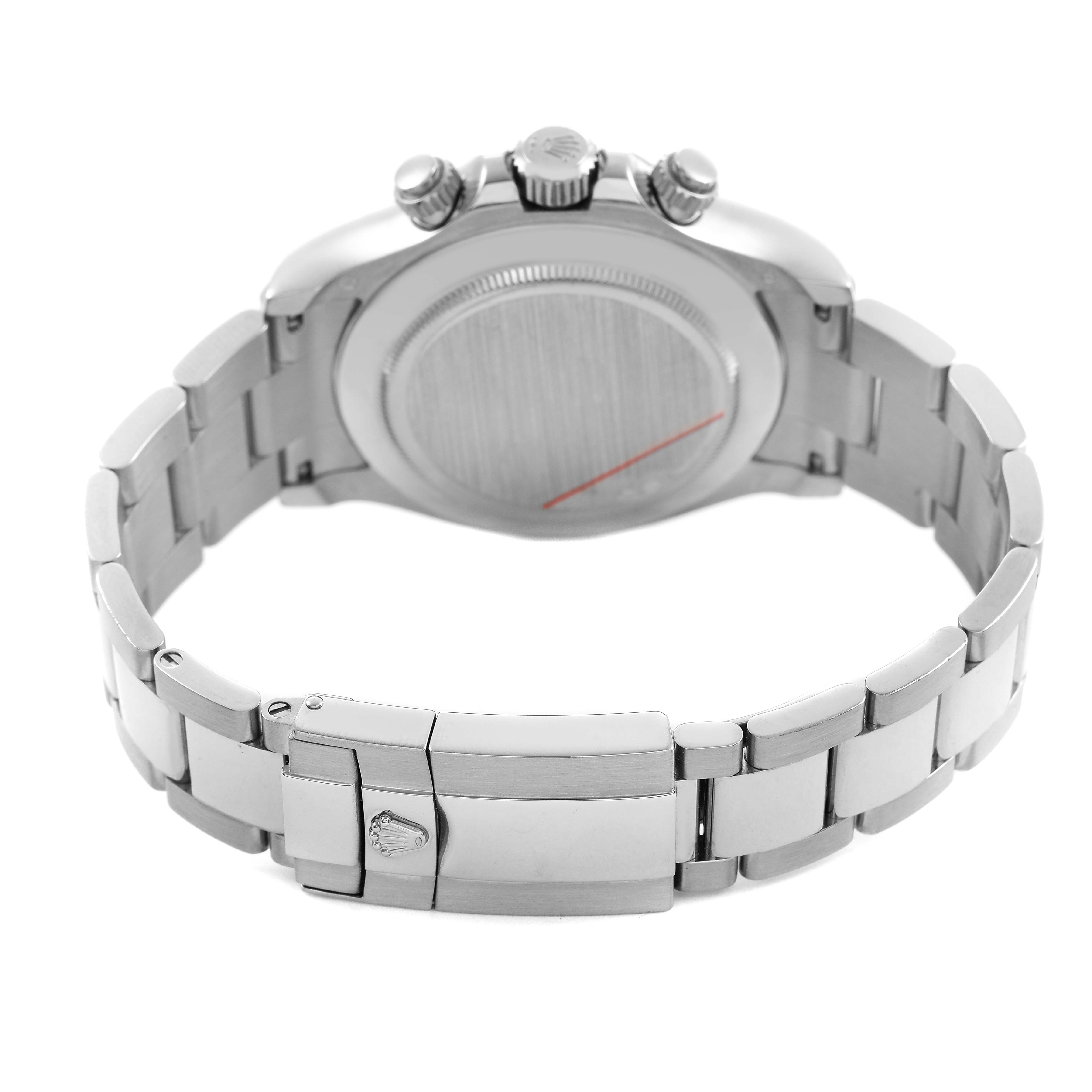 The image shows the back of a Rolex Daytona 116509 Men's White Gold Black Dial watch, focusing on the case back, bracelet, and clasp.