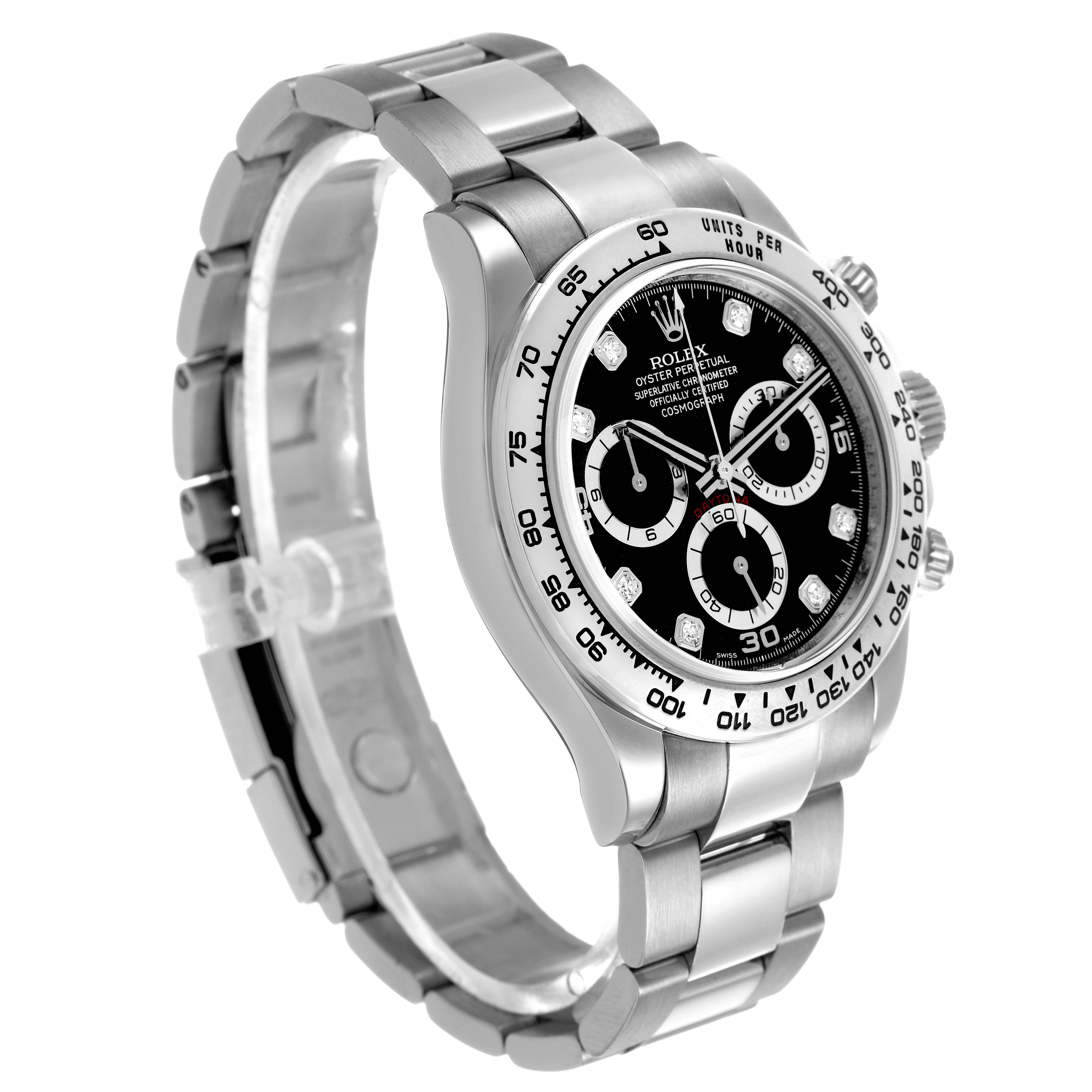 The Rolex Daytona 116509 Men's White Gold Black Dial watch is shown at an angle emphasizing the bracelet, bezel, and dial with its subdials.