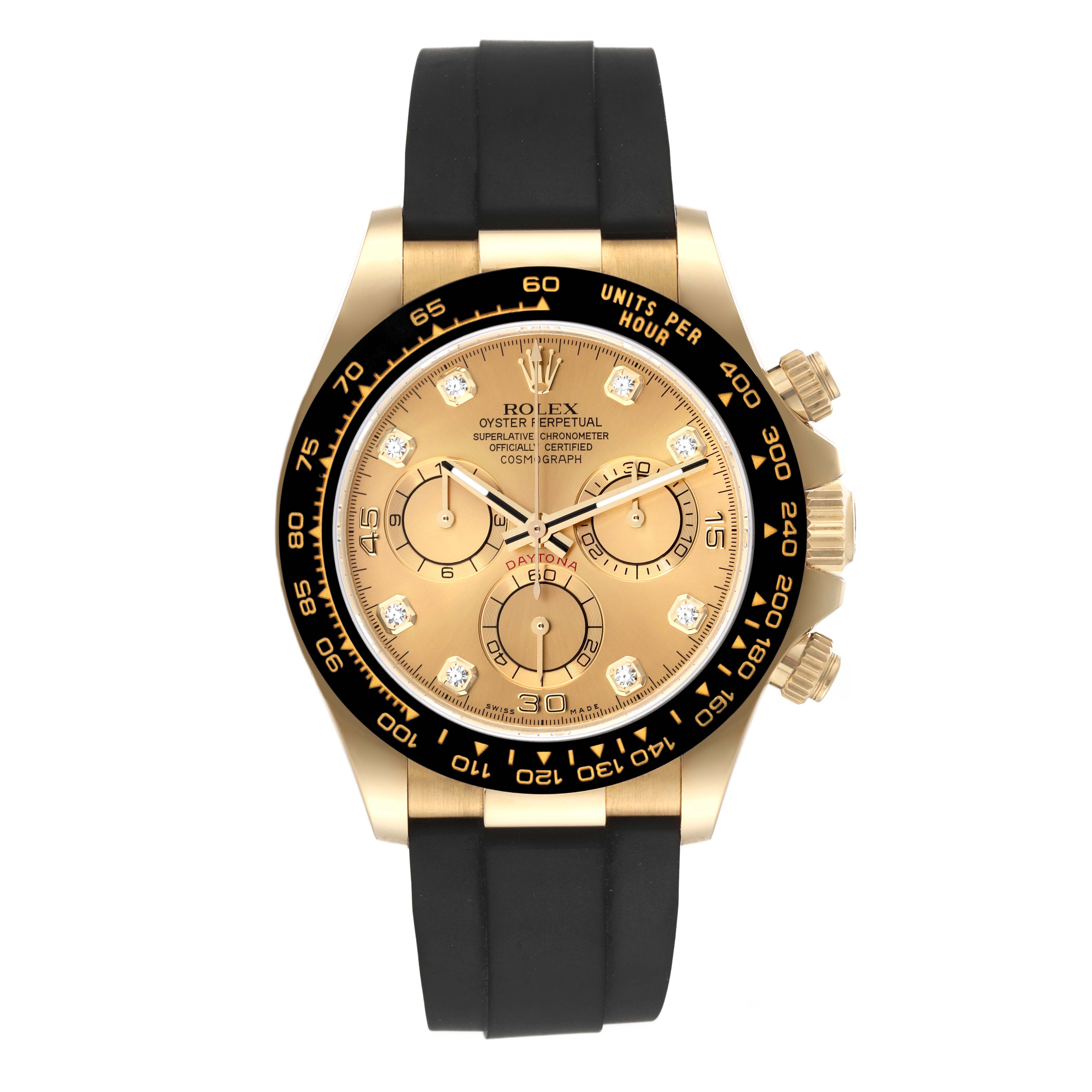 The Rolex Daytona 116518 Men's Yellow Gold Champagne Dial 116518 Men's Yellow Gold Champagne Dial watch is shown from a frontal angle, featuring its face, bezel, and black strap.