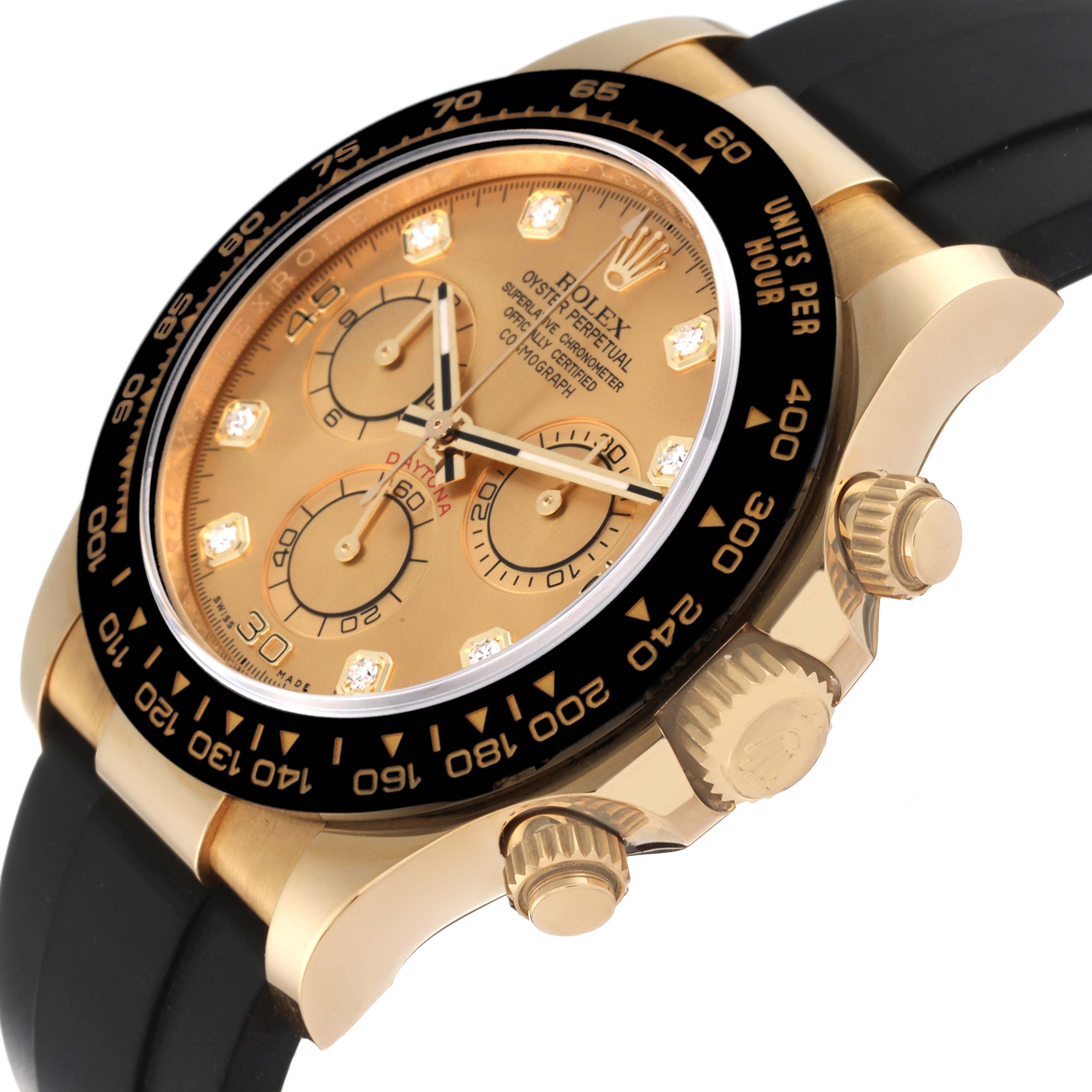 The image shows a close-up angled view of the Rolex Daytona 116518 Men's Yellow Gold Champagne Dial 116518 Men's Yellow Gold Champagne Dial watch, highlighting its bezel, dial, and pushers.