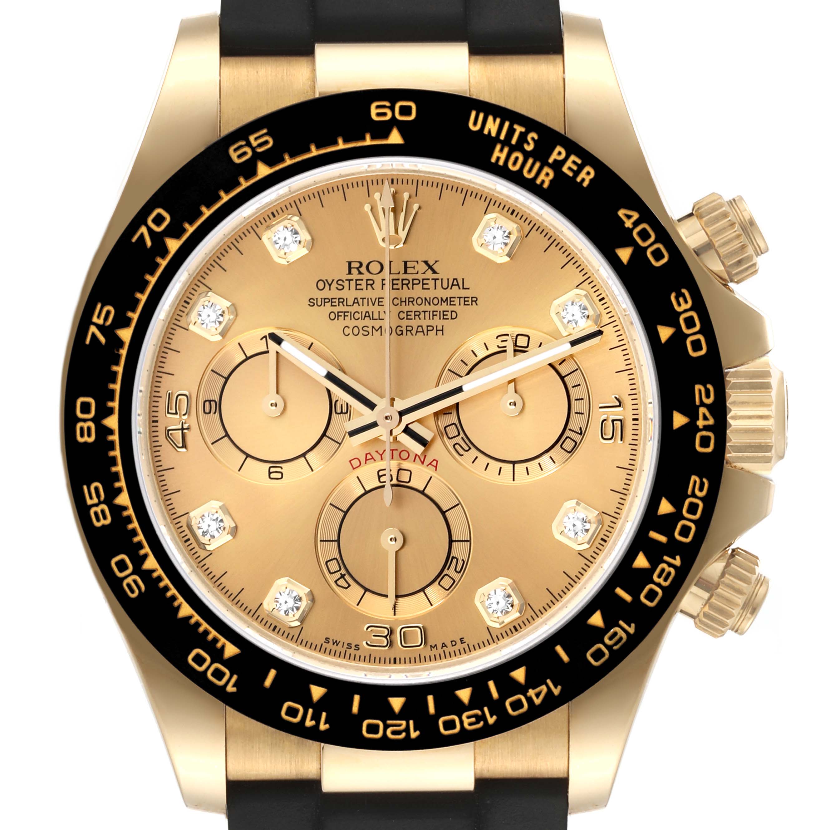This image shows a frontal view of a Rolex Daytona 116518 Men's Yellow Gold Champagne Dial 116518 Men's Yellow Gold Champagne Dial, highlighting its gold dial, subdials, bezel, and part of the black strap.