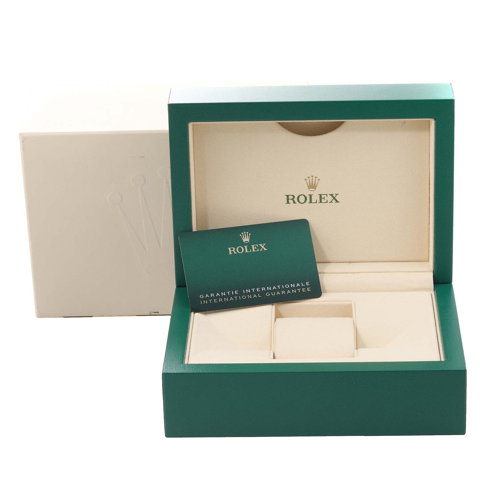 The image shows an open Rolex Daytona 116518 Men's Yellow Gold Champagne Dial 116518 Men's Yellow Gold Champagne Dial watch box with an international guarantee card inside.