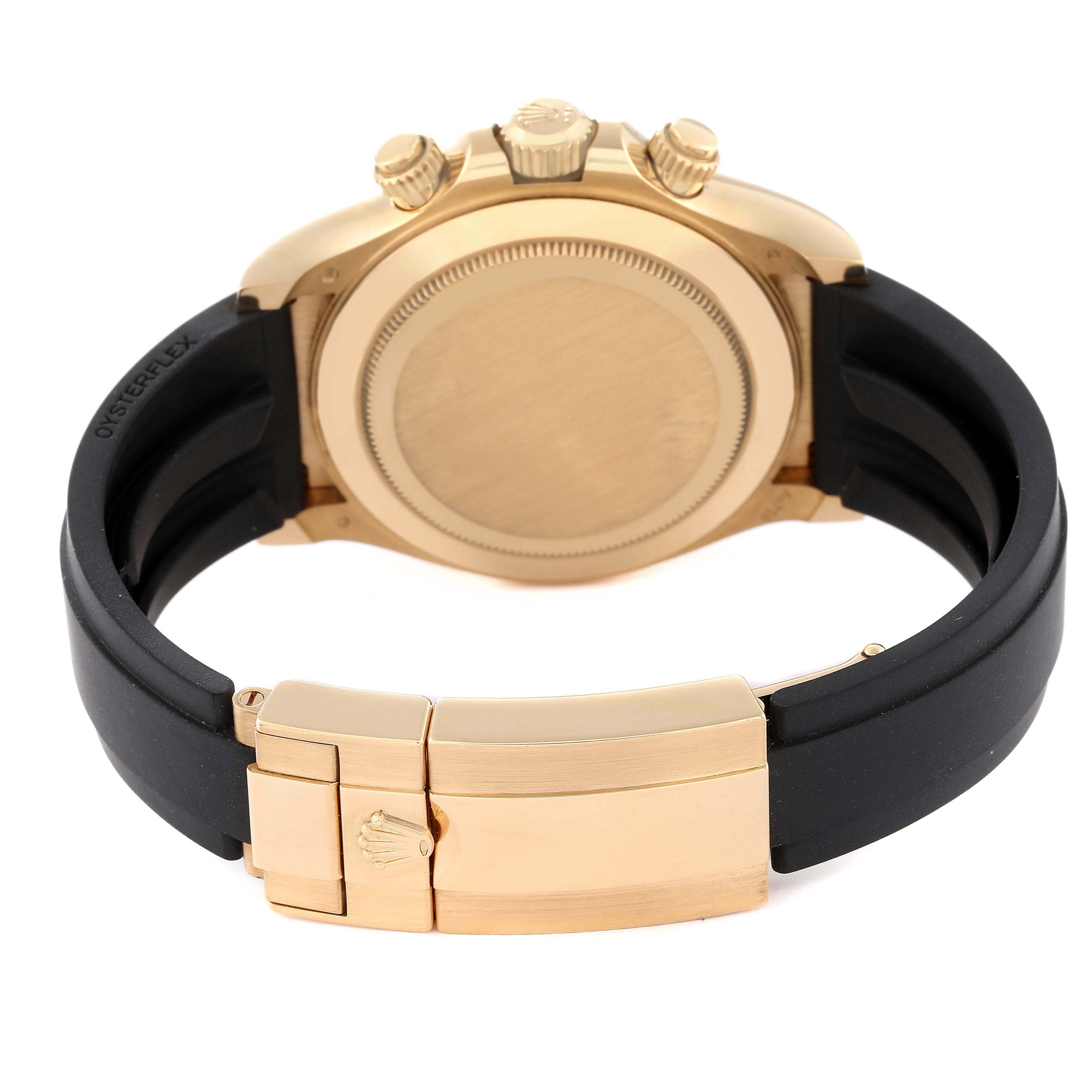 The image shows the back case, clasp, and strap of a Rolex Daytona 116518 Men's Yellow Gold Champagne Dial 116518 Men's Yellow Gold Champagne Dial watch from a rear angle.