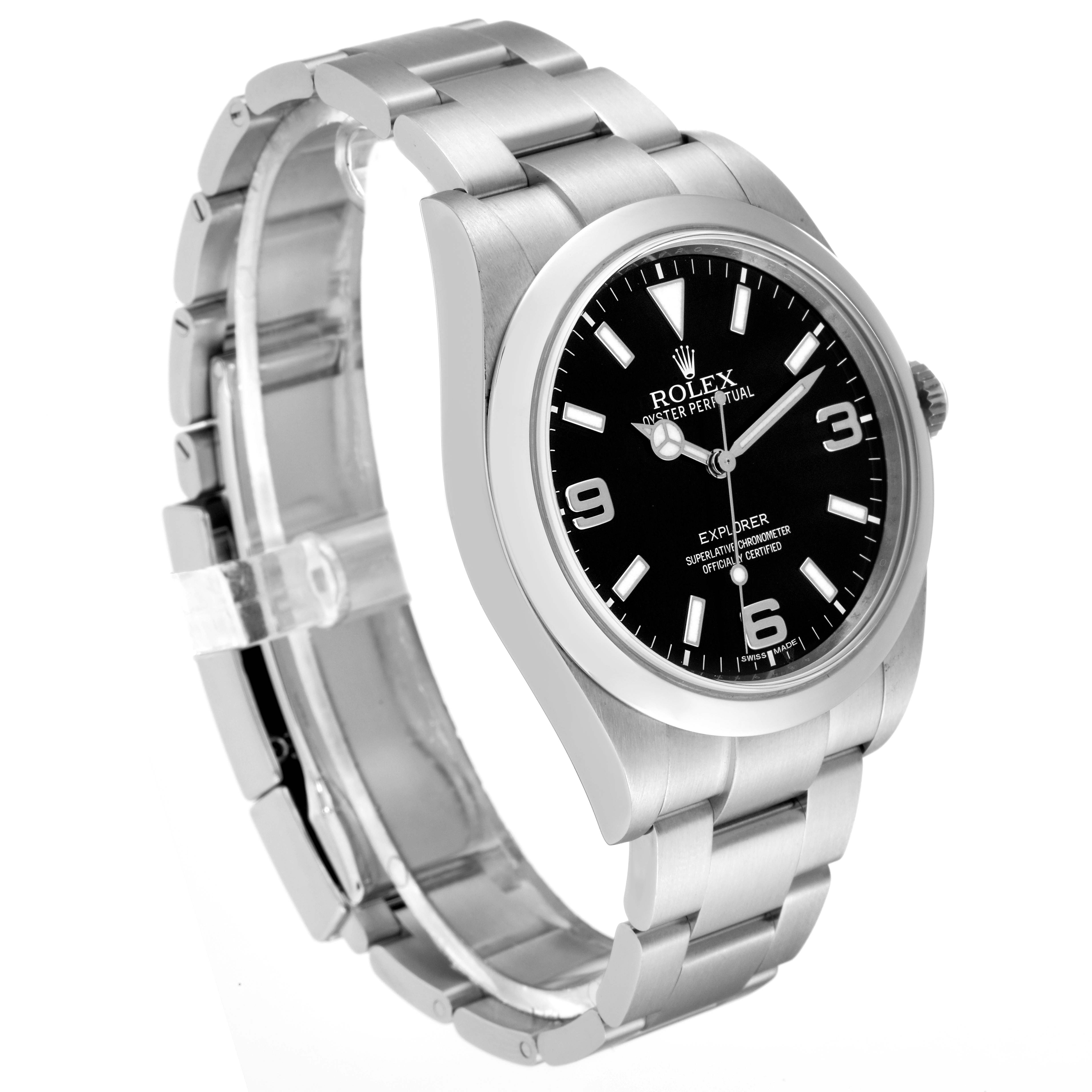 The image shows a side view of a Rolex Explorer 214270 Men
s Stainless Steel Black Dial 214270 Men
s Stainless Steel Black Dial watch, displaying its black dial, bracelet, and case.