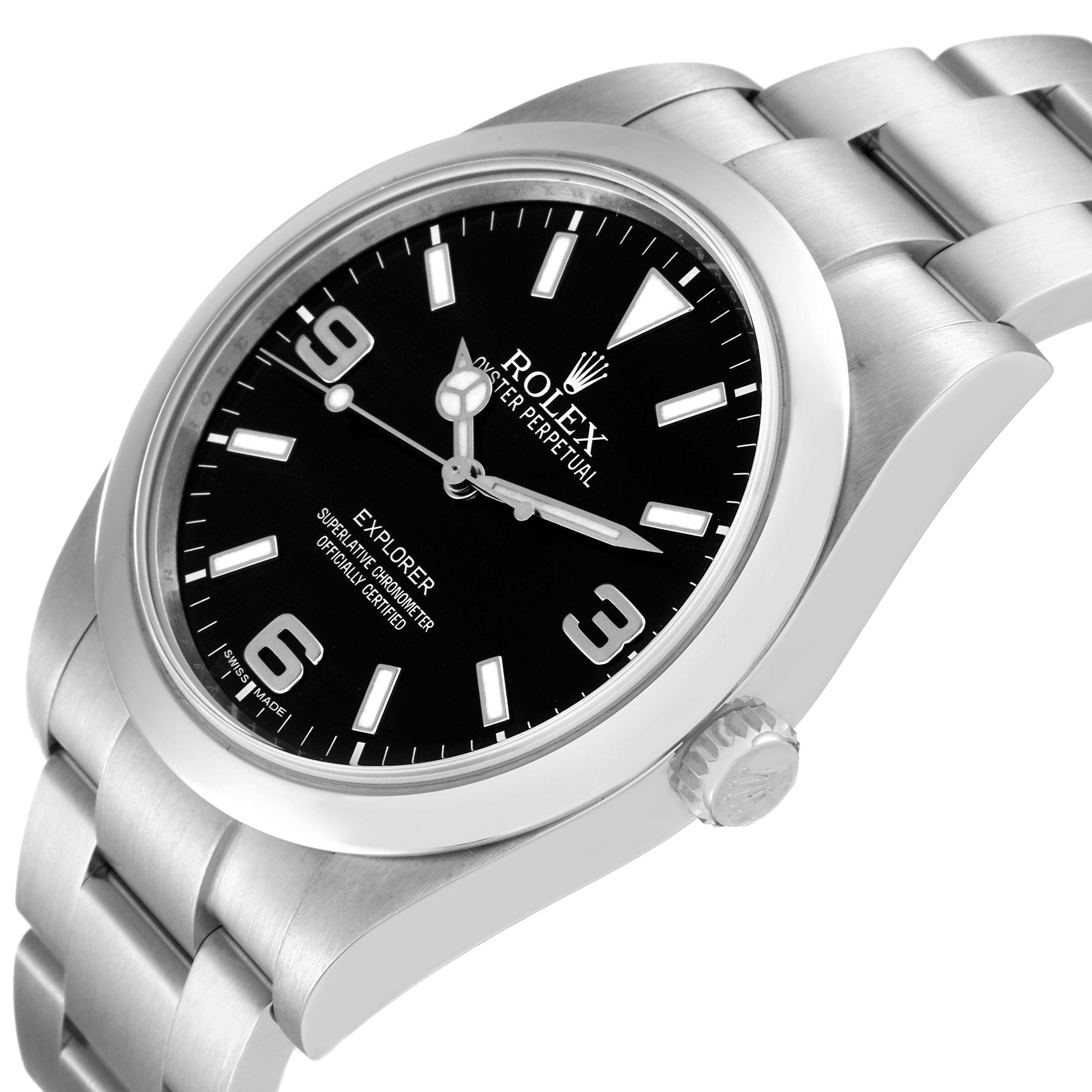 The image shows a Rolex Explorer 214270 Men
s Stainless Steel Black Dial 214270 Men
s Stainless Steel Black Dial watch from an oblique angle, highlighting the dial, bezel, case, and part of the bracelet.