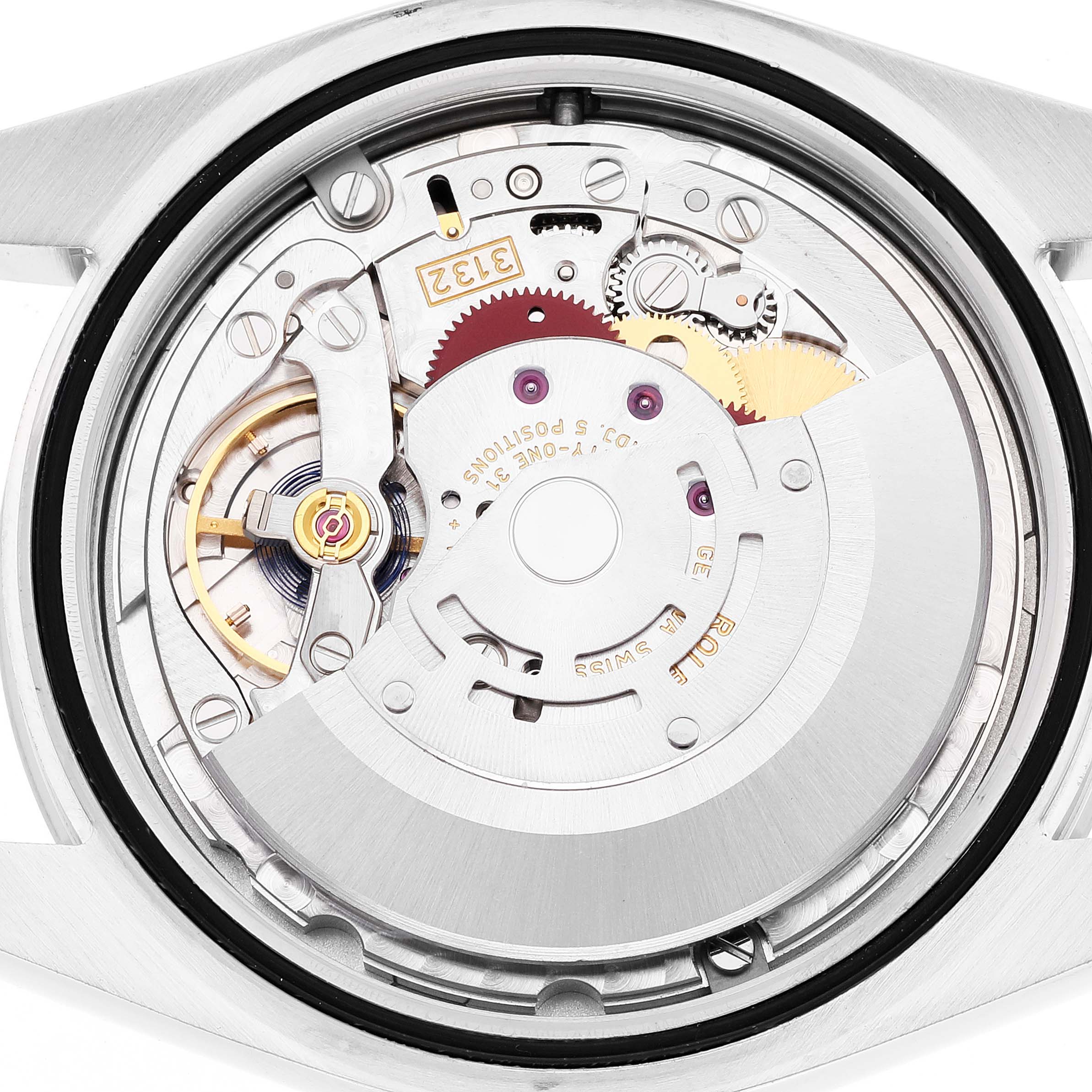 This image shows a close-up view of the movement mechanism inside a Rolex Explorer 214270 Men
s Stainless Steel Black Dial 214270 Men
s Stainless Steel Black Dial watch.