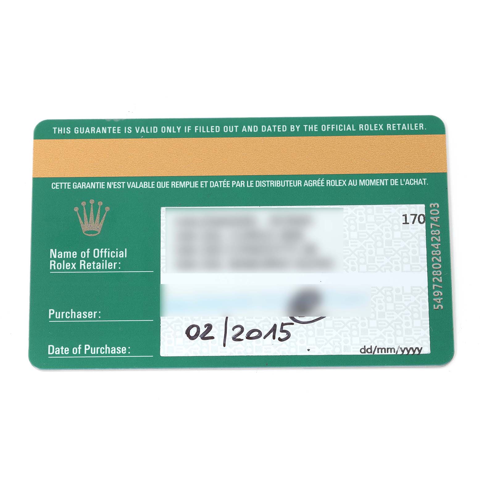 The image shows the guarantee card for the Rolex Explorer 214270 Men
s Stainless Steel Black Dial 214270 Men
s Stainless Steel Black Dial model.