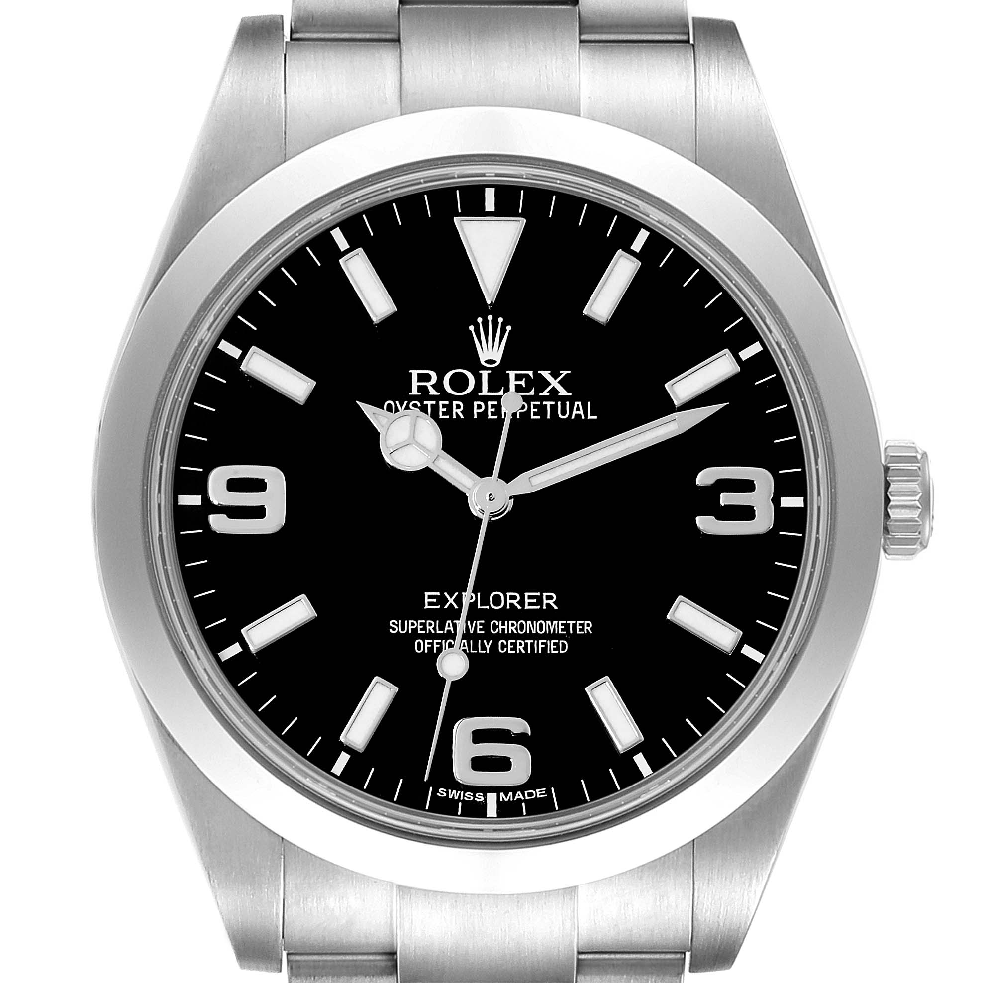 The image shows a front view of the Rolex Explorer 214270 Men
s Stainless Steel Black Dial 214270 Men
s Stainless Steel Black Dial watch, highlighting the black dial, silver hands, and stainless steel bracelet.