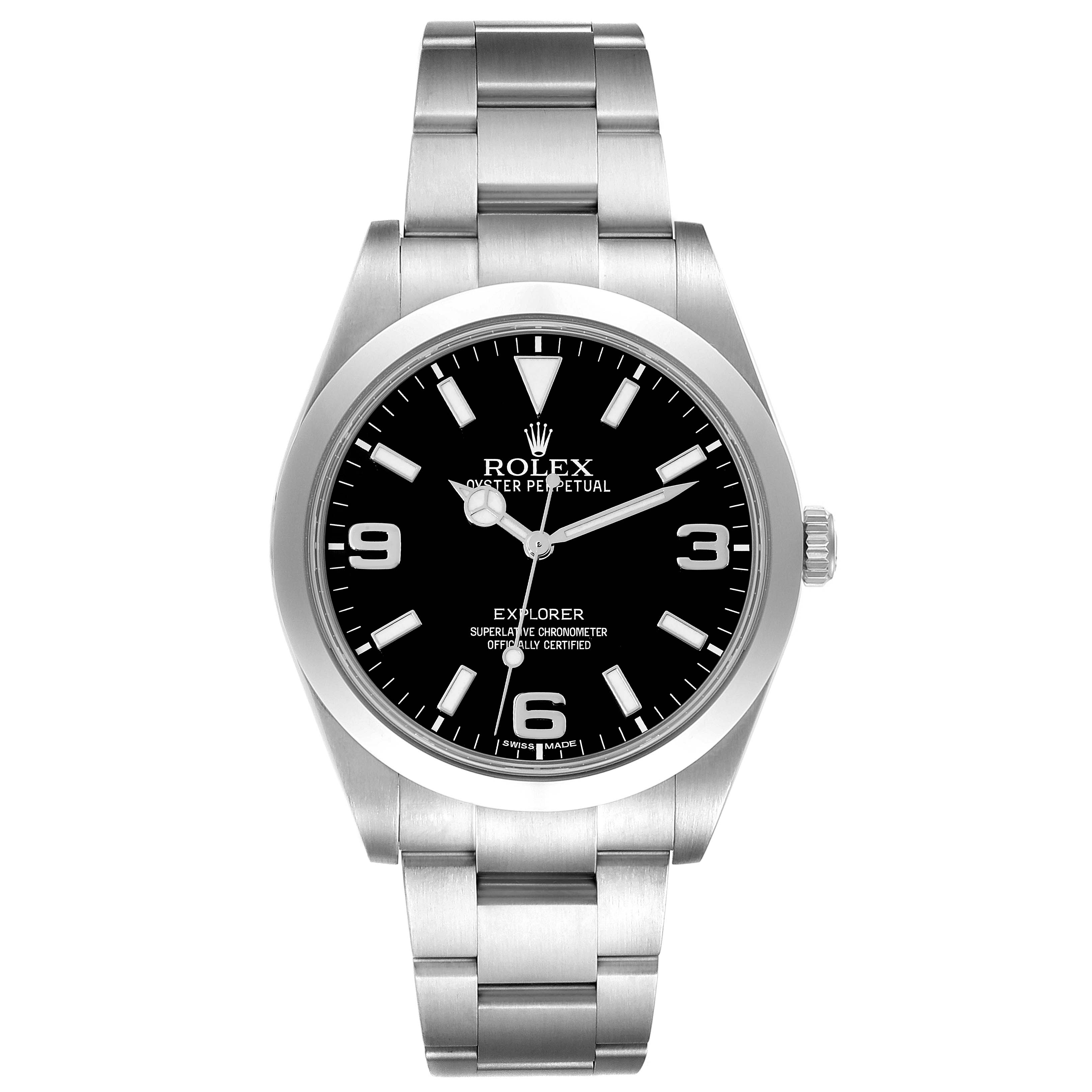 The image shows a front view of the Rolex Explorer 214270 Men
s Stainless Steel Black Dial 214270 Men
s Stainless Steel Black Dial watch, highlighting the dial, bezel, crown, and metal bracelet.