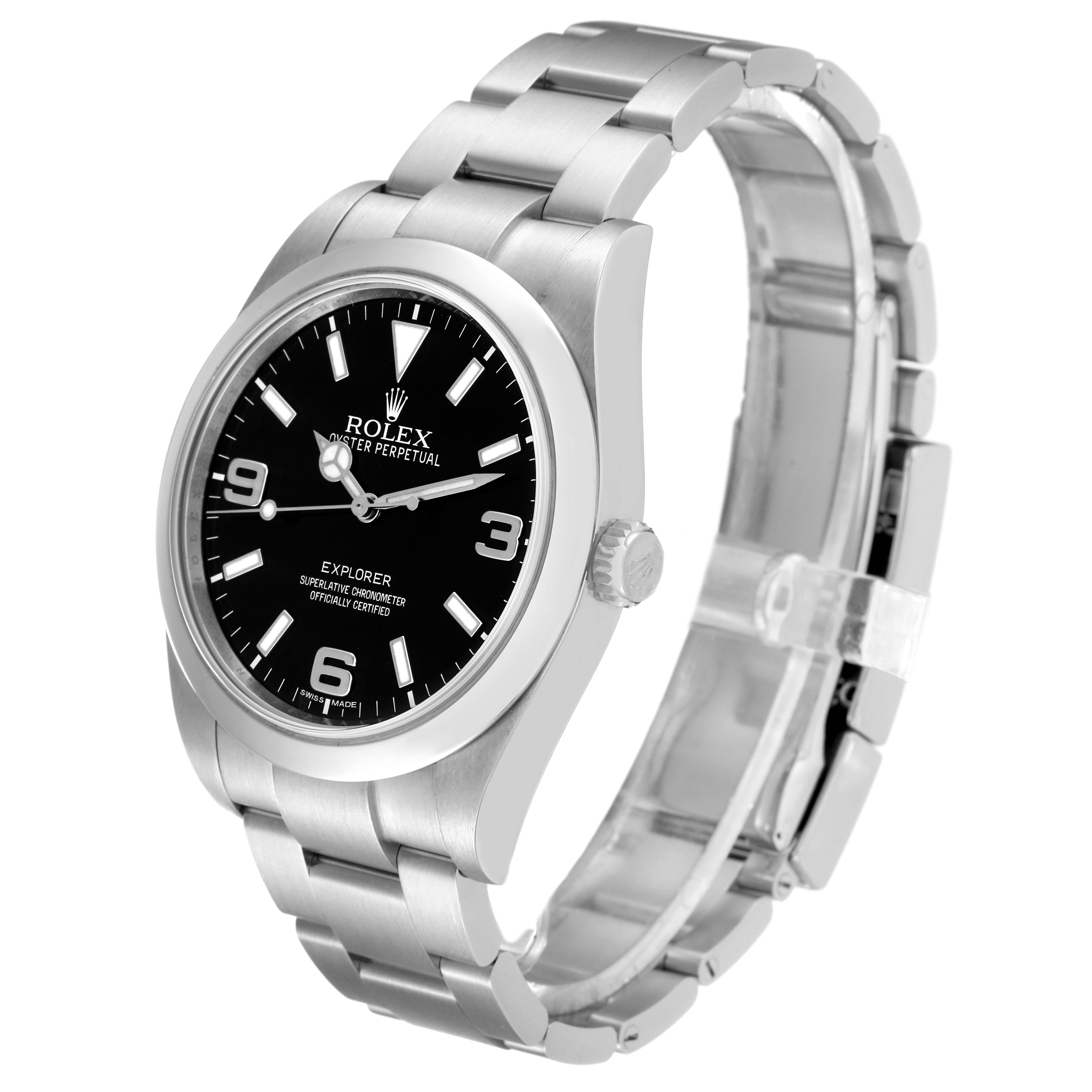 The image shows a side angle of the Rolex Explorer 214270 Men
s Stainless Steel Black Dial 214270 Men
s Stainless Steel Black Dial watch, highlighting its dial, bezel, crown, and bracelet.
