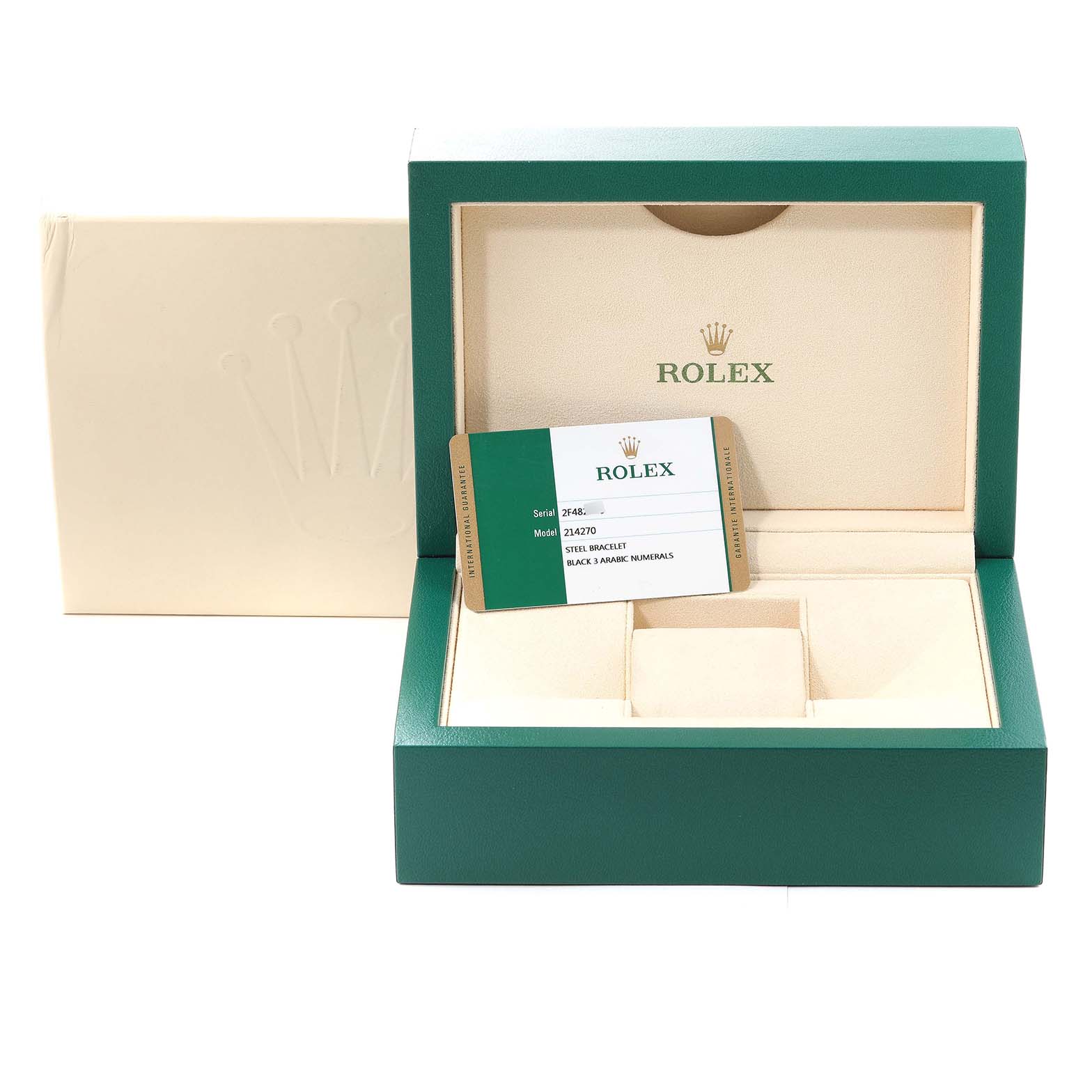 A Rolex Explorer 214270 Men
s Stainless Steel Black Dial 214270 Men
s Stainless Steel Black Dial model box set is shown, featuring the open box, holder, and model information card.