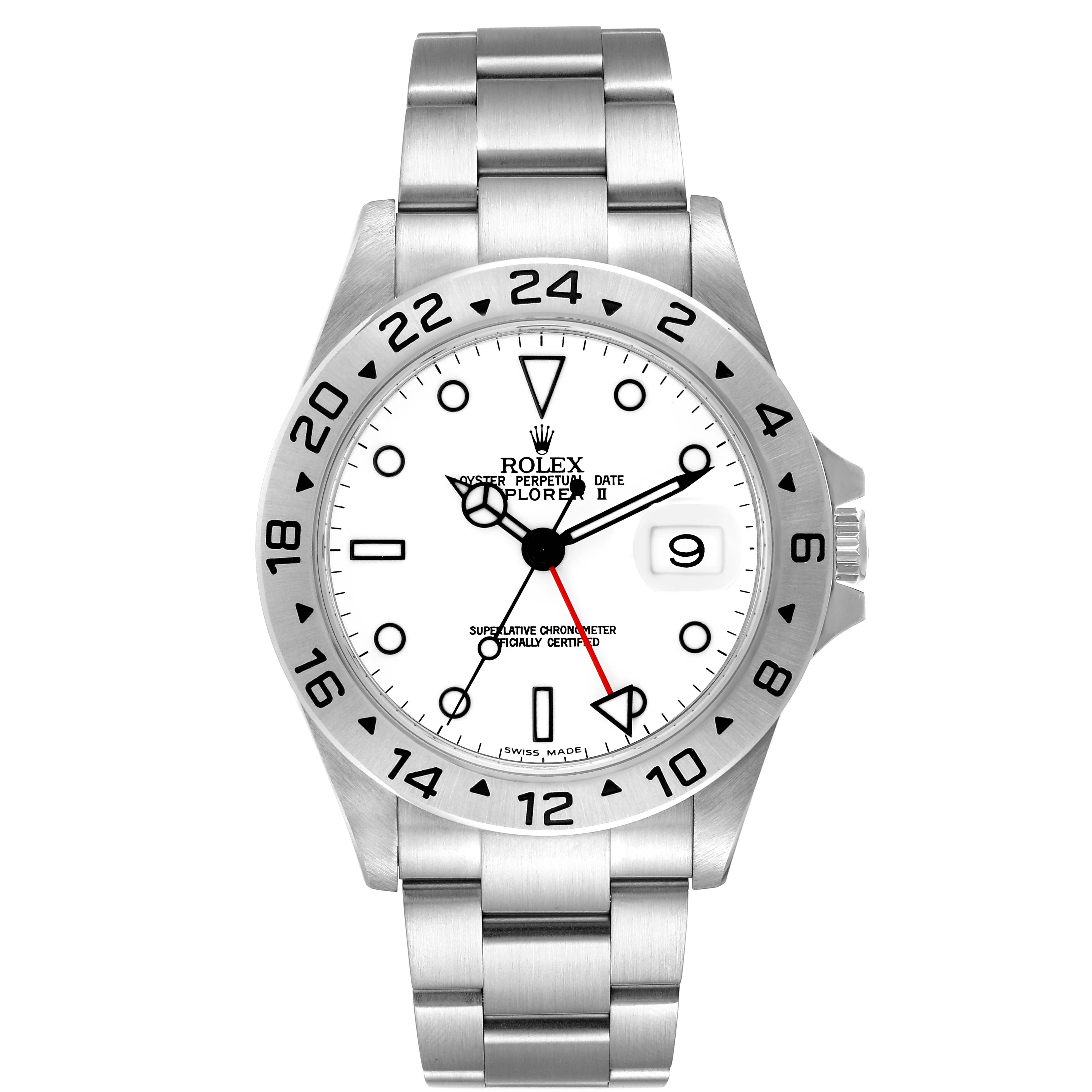 The Rolex Explorer 16570 Men's Stainless Steel White Dial 16570 Men's Stainless Steel White Dial model watch is shown from the front, displaying its dial, bezel, and bracelet.