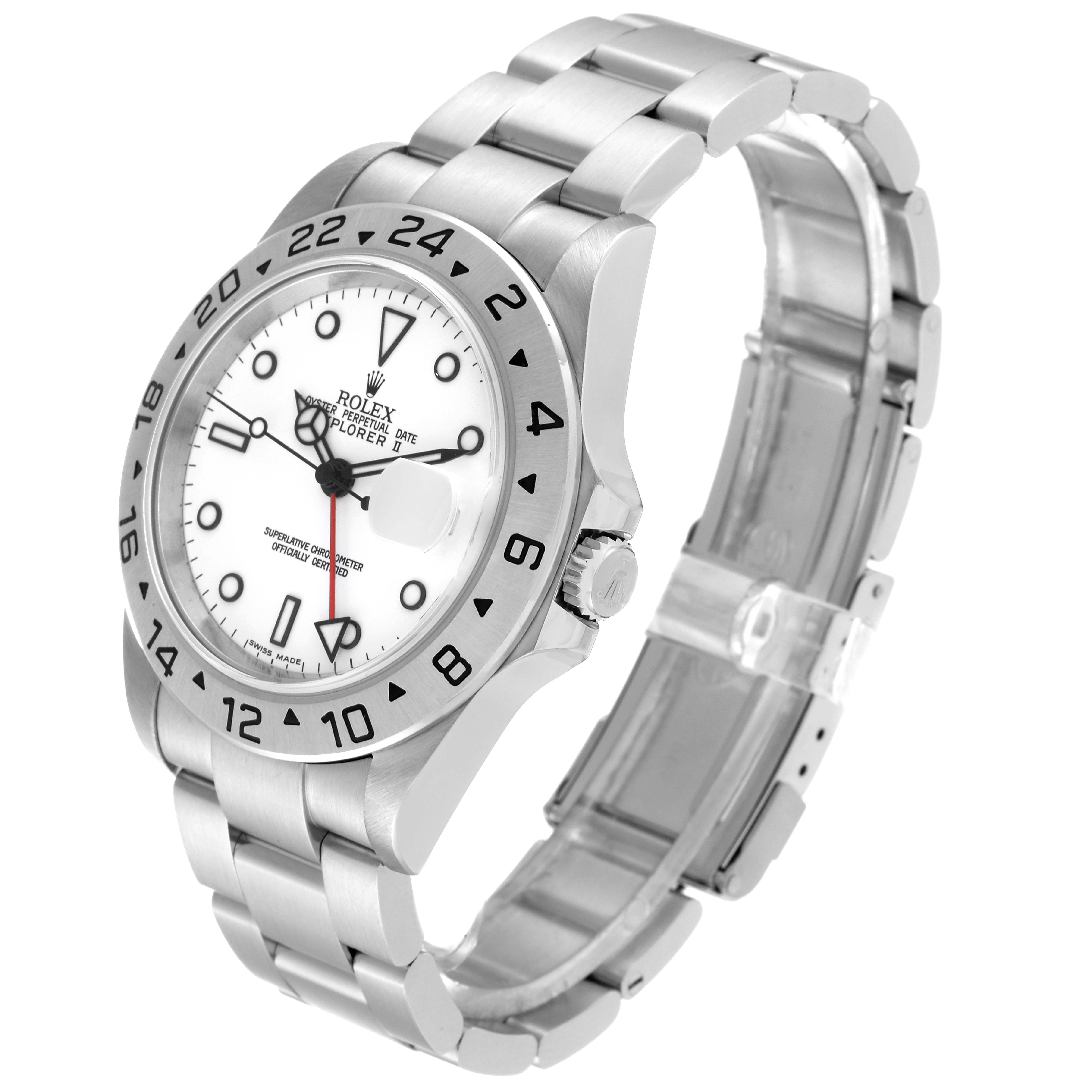 The Rolex Explorer 16570 Men's Stainless Steel White Dial 16570 Men's Stainless Steel White Dial model watch is shown at an angled view, highlighting its face, bezel, crown, and bracelet.