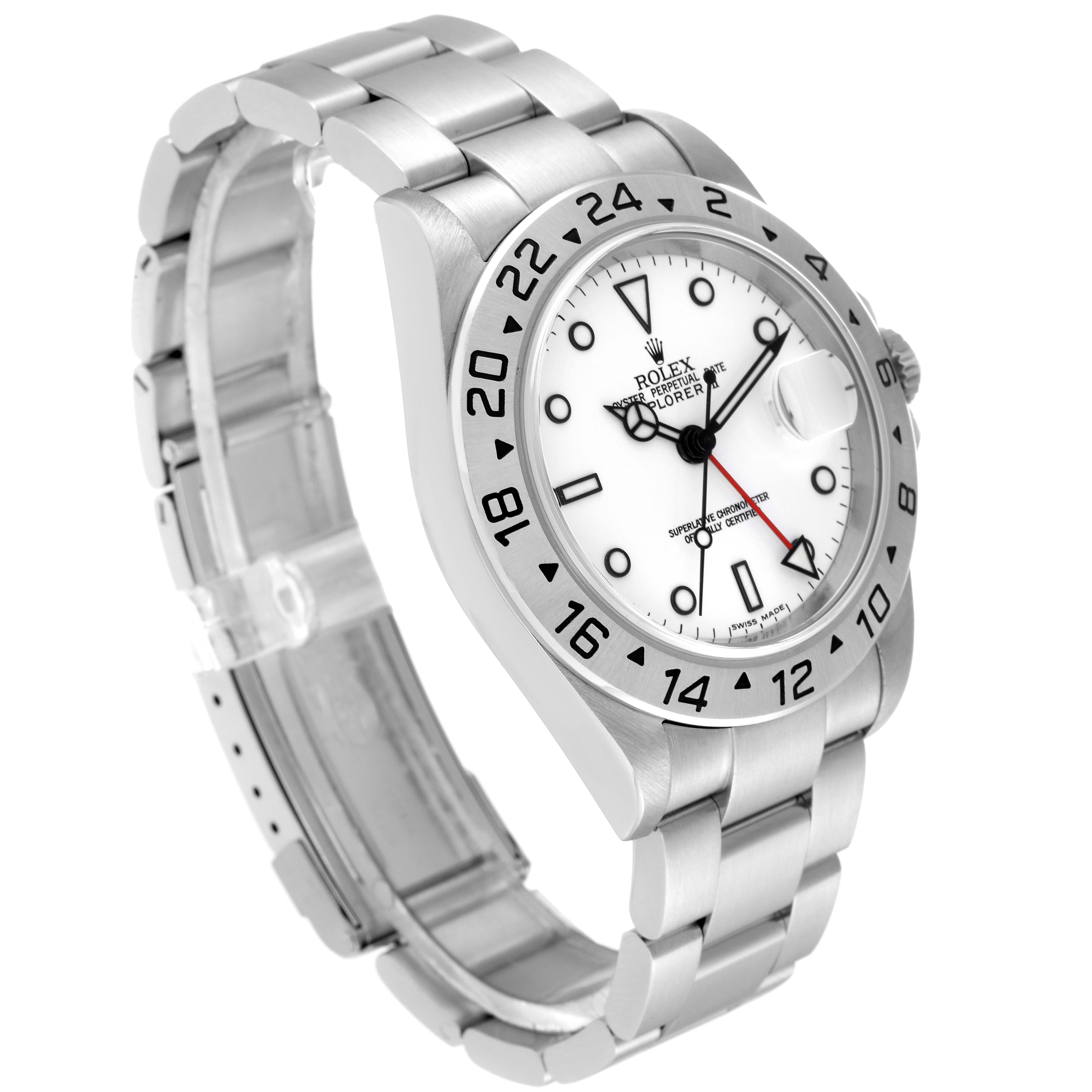 This image features a Rolex Explorer 16570 Men's Stainless Steel White Dial 16570 Men's Stainless Steel White Dial model wristwatch, shown from an angled side view, highlighting its face, bezel, and wristband.