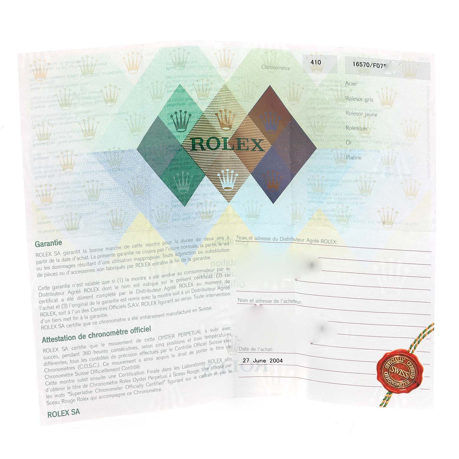 This image shows the guarantee and chronometer certificate for the Rolex Explorer 16570 Men's Stainless Steel White Dial 16570 Men's Stainless Steel White Dial model, including purchase date and various model details.