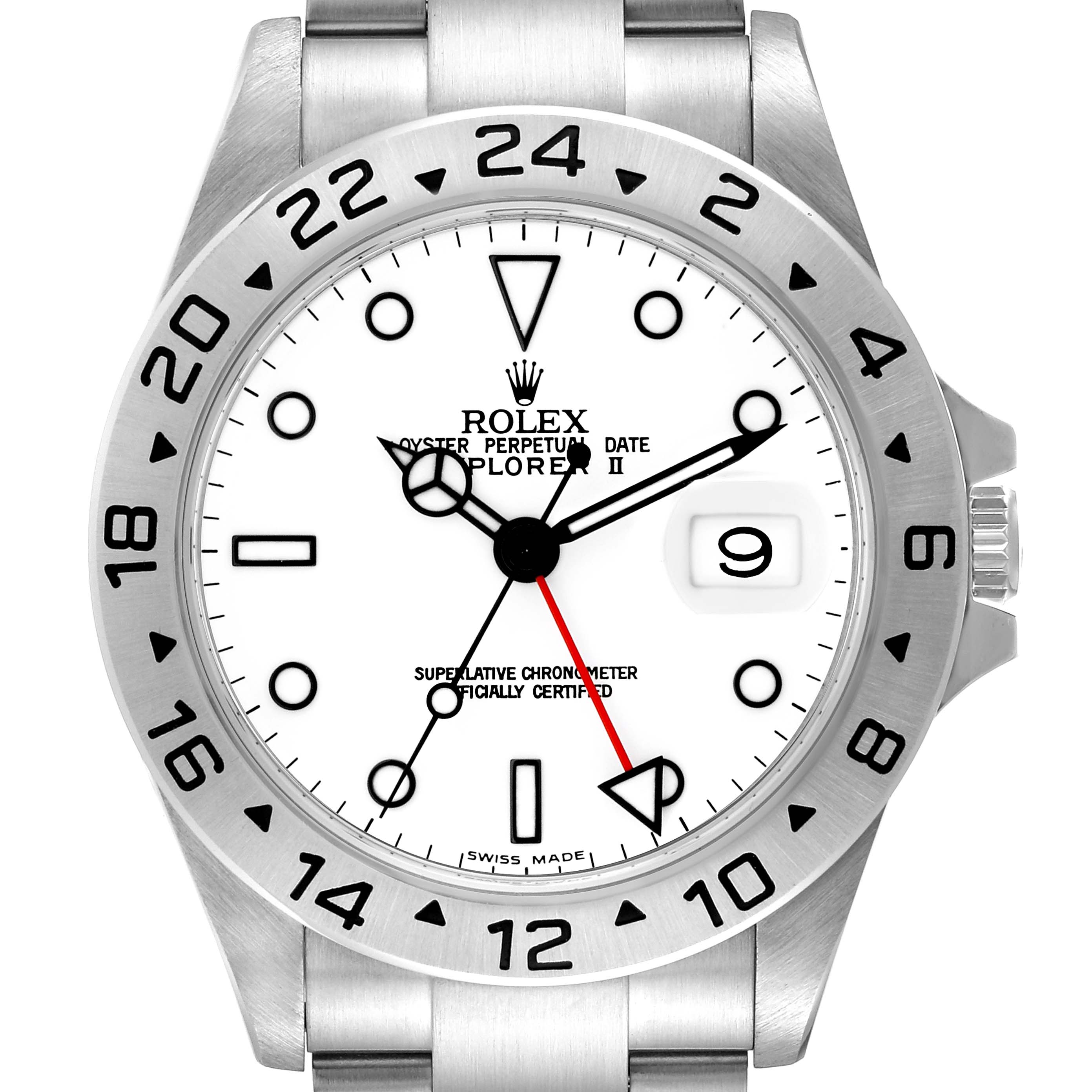 This image shows a front view of the Rolex Explorer 16570 Men's Stainless Steel White Dial 16570 Men's Stainless Steel White Dial watch, displaying the dial, bezel, and part of the bracelet.