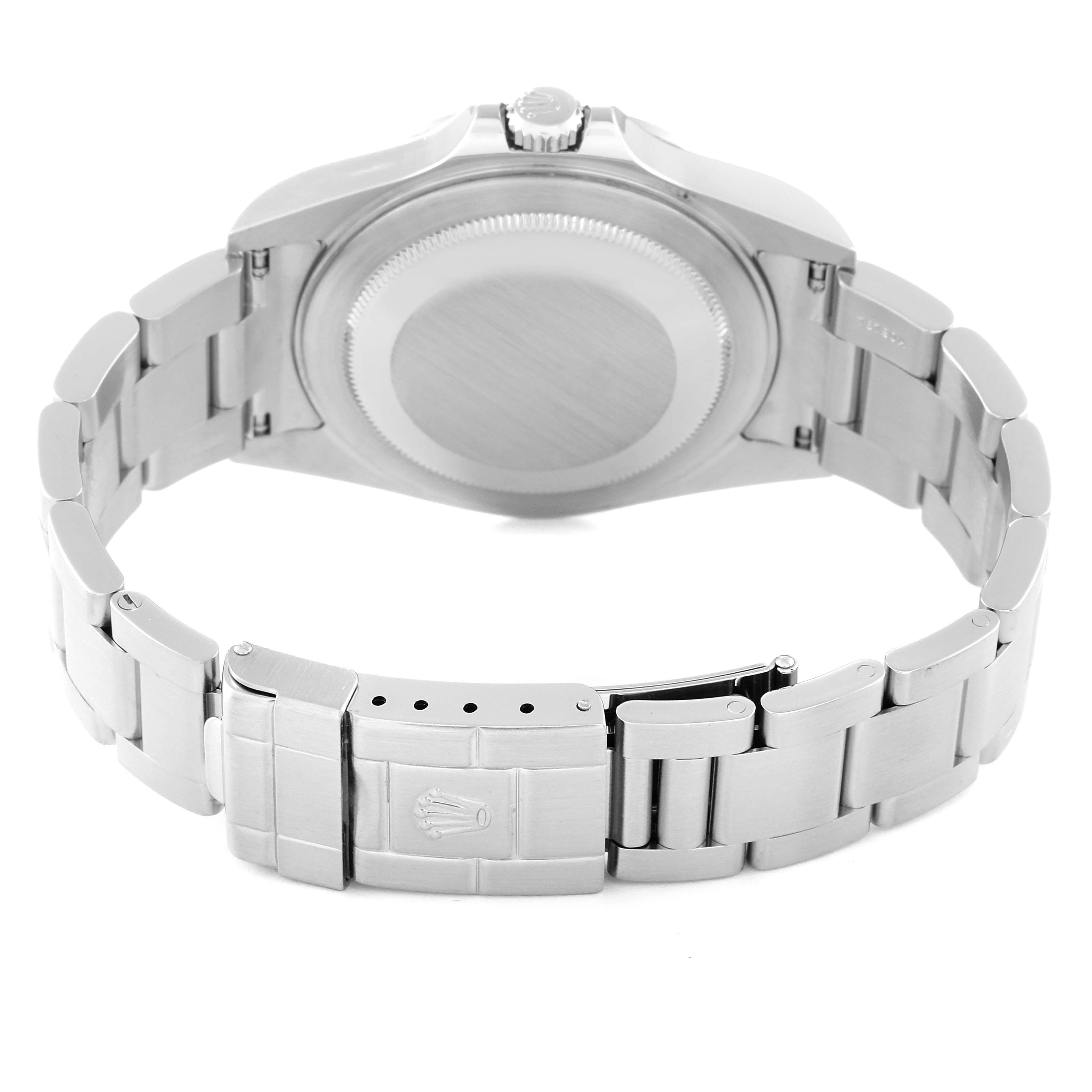 The image shows the back case and bracelet clasp of a Rolex Explorer 16570 Men's Stainless Steel White Dial 16570 Men's Stainless Steel White Dial watch from a rear angle.