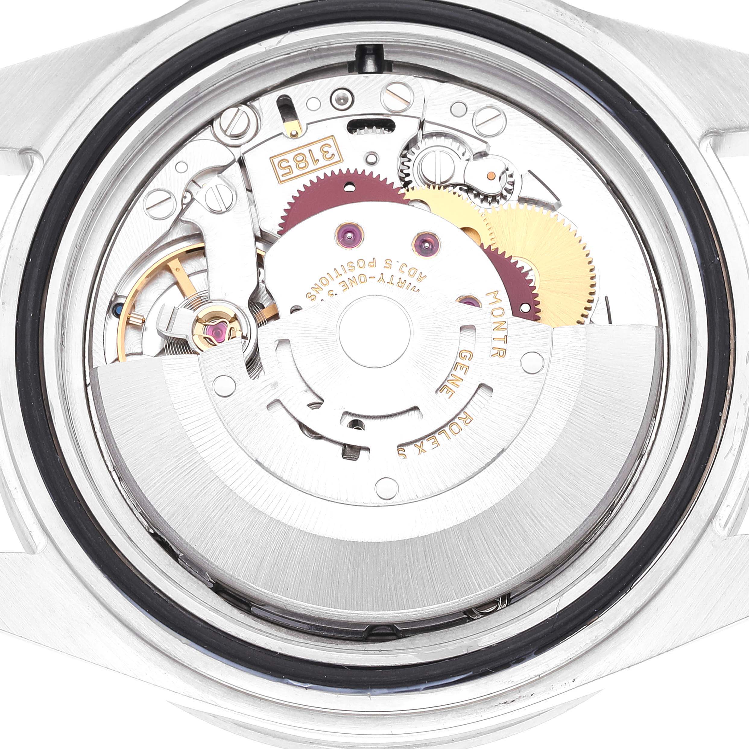 This image shows an inside view of the movement and mechanics of a Rolex Explorer 16570 Men's Stainless Steel White Dial 16570 Men's Stainless Steel White Dial watch.