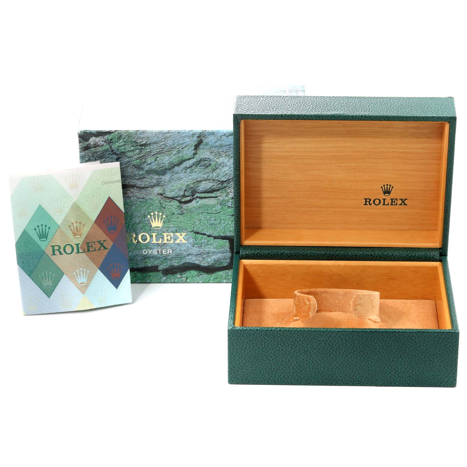 The image shows an open Rolex Explorer 16570 Men's Stainless Steel White Dial 16570 Men's Stainless Steel White Dial watch box, an outer Rolex box, and a Rolex booklet from a slightly angled front view.