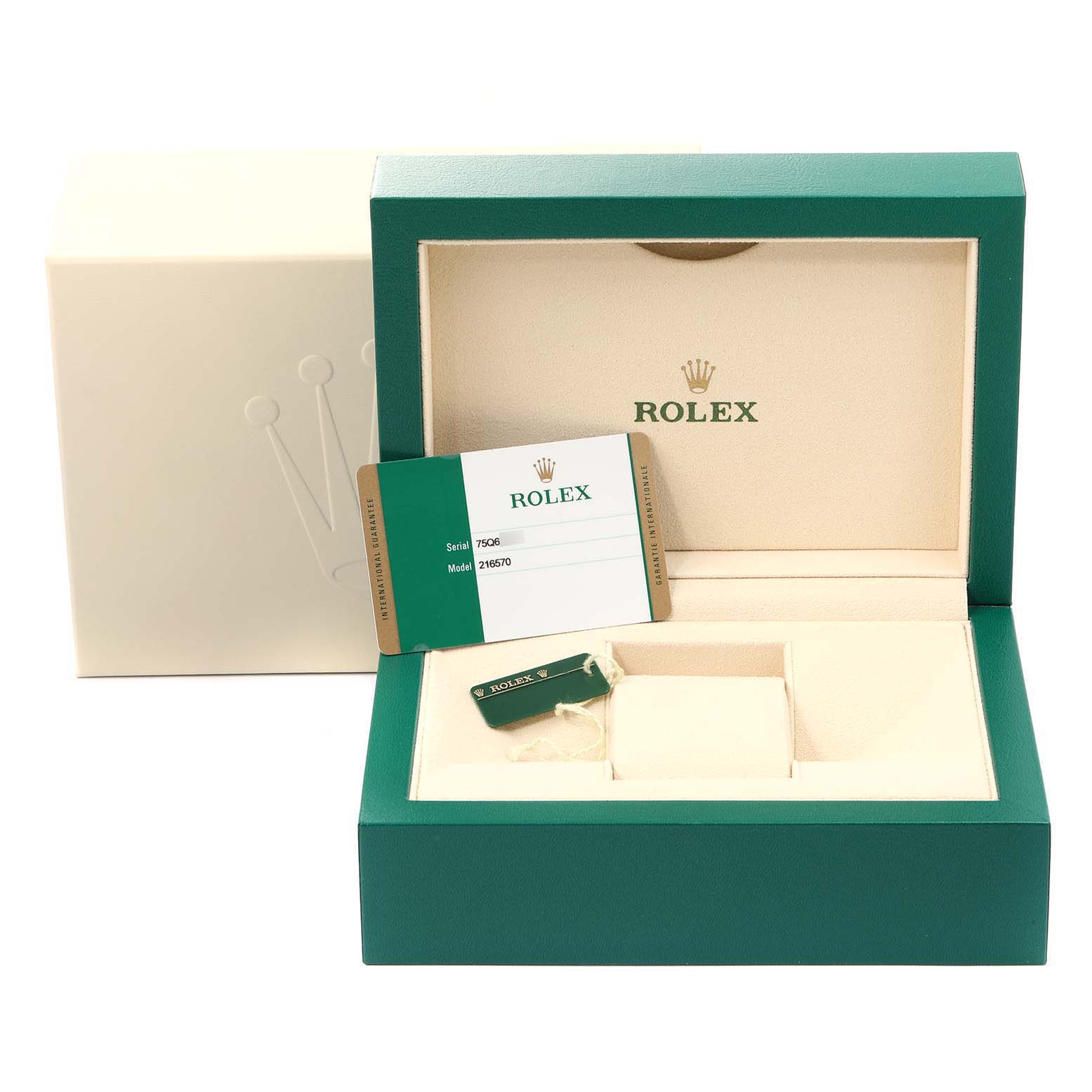 The image shows an open Rolex Explorer 216570 Men's Stainless Steel Black Dial 216570 Men's Stainless Steel Black Dial watch box, including tags, warranty card, and cushion, viewed from the front.