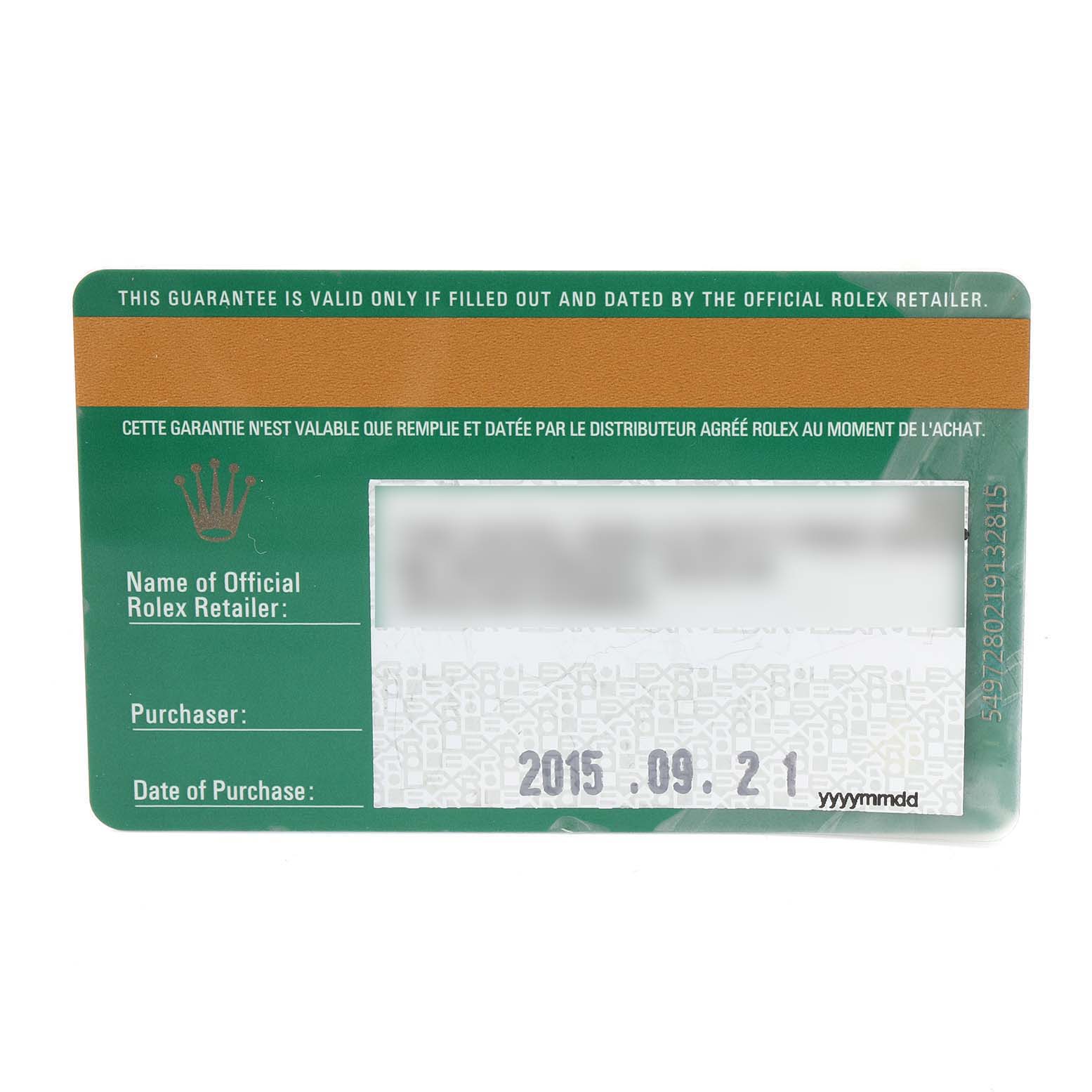 The image shows the warranty card for a Rolex Explorer 216570 Men's Stainless Steel Black Dial 216570 Men's Stainless Steel Black Dial model watch.