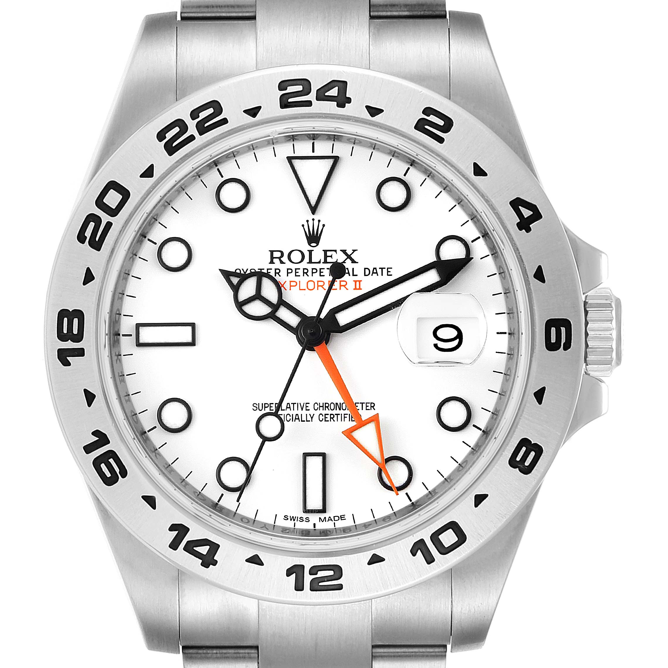 This image shows a front view of a Rolex Explorer 216570 Men's Stainless Steel White Dial 216570 Men's Stainless Steel White Dial watch, highlighting the dial, bezel, and bracelet.