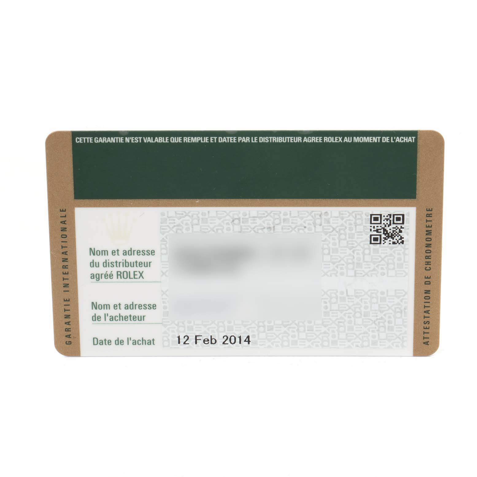 The image shows a warranty card for a Rolex Explorer 216570 Men's Stainless Steel White Dial 216570 Men's Stainless Steel White Dial watch, displaying purchase details and a date of 12 Feb 2014.