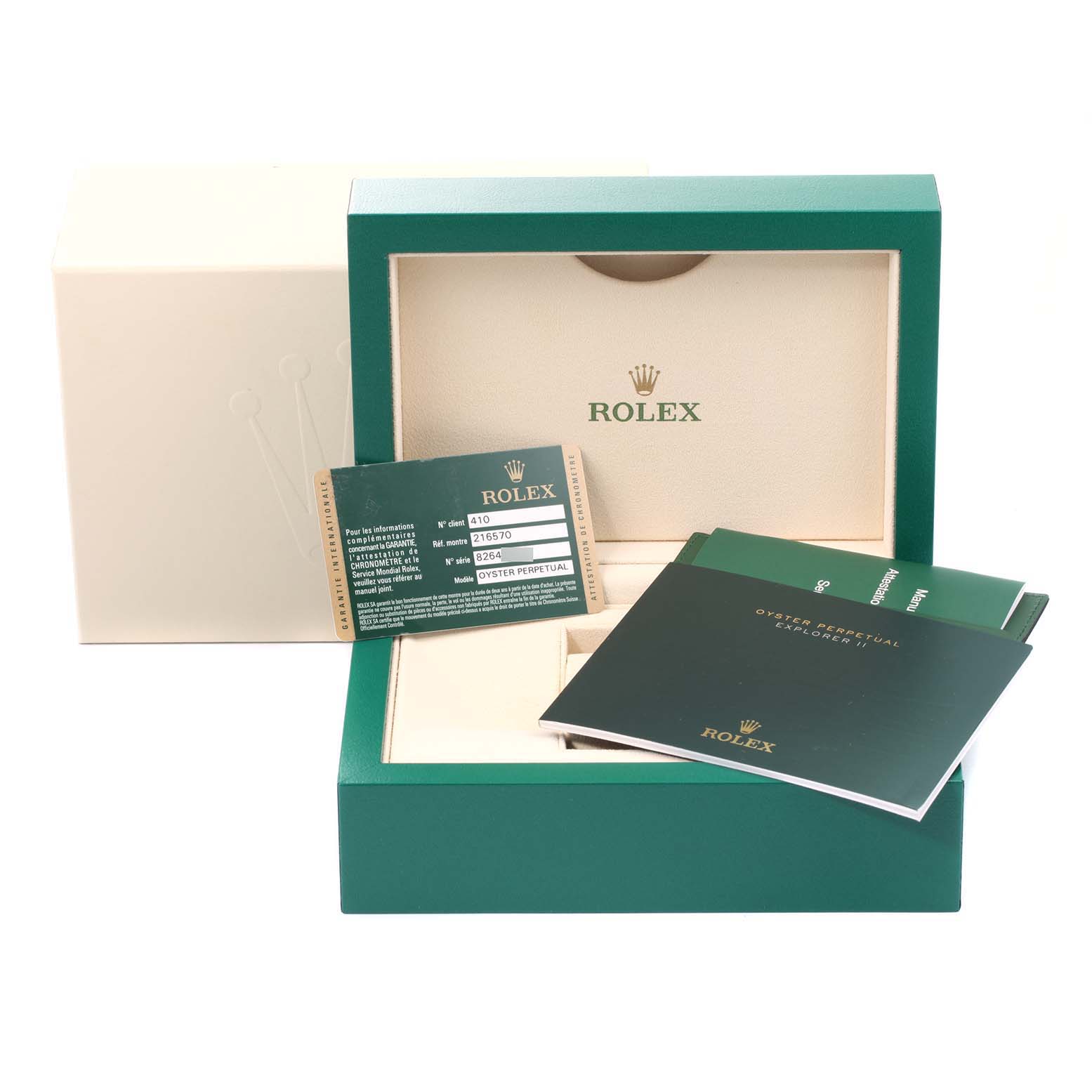 The image shows the packaging, warranty card, and booklets for the Rolex Explorer 216570 Men's Stainless Steel White Dial 216570 Men's Stainless Steel White Dial model watch.