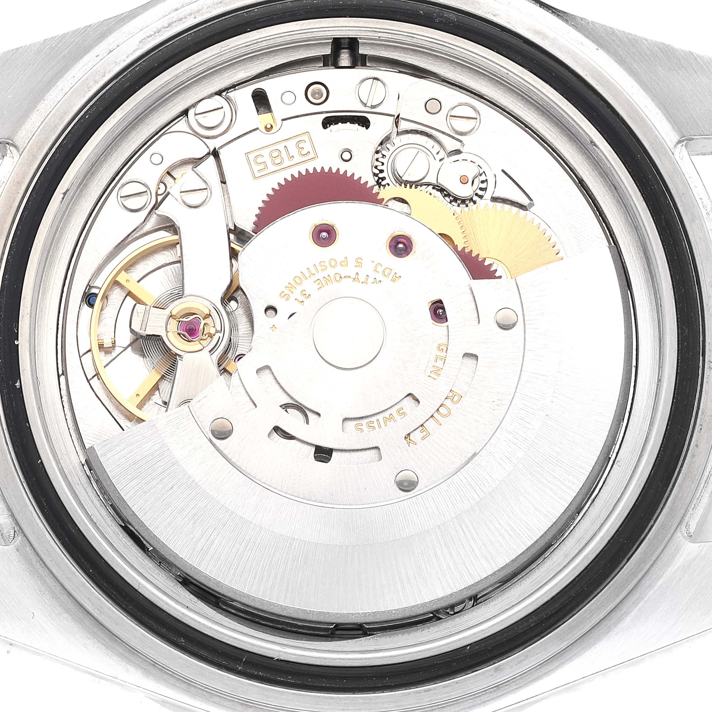 This image shows the movement and internal mechanics of a Rolex Explorer 16570 Men
s Stainless Steel Black Dial 16570 Men
s Stainless Steel Black Dial watch from a back view angle.
