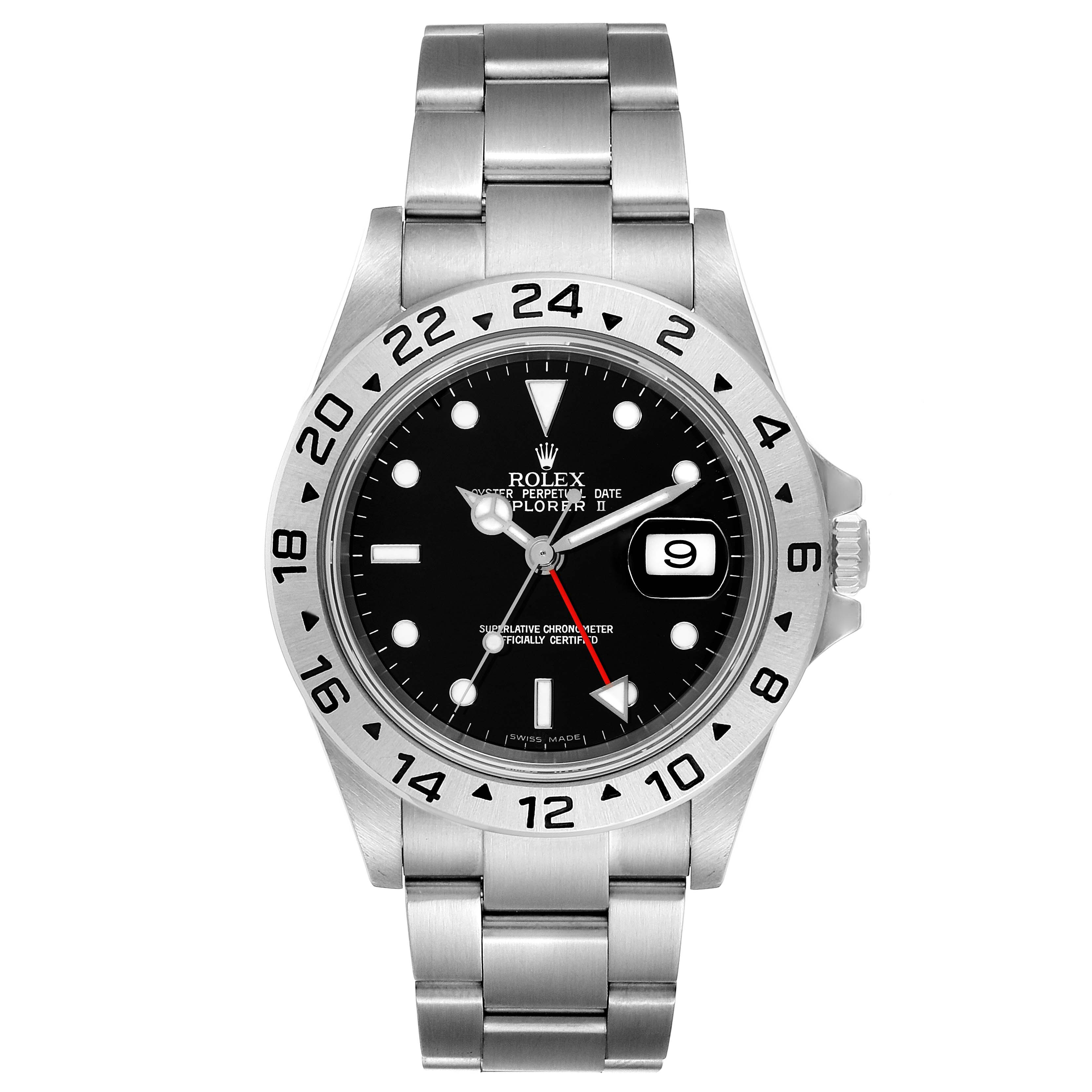 The image shows a front view of the Rolex Explorer 16570 Men
s Stainless Steel Black Dial 16570 Men
s Stainless Steel Black Dial II, displaying its watch face, bezel, and bracelet.