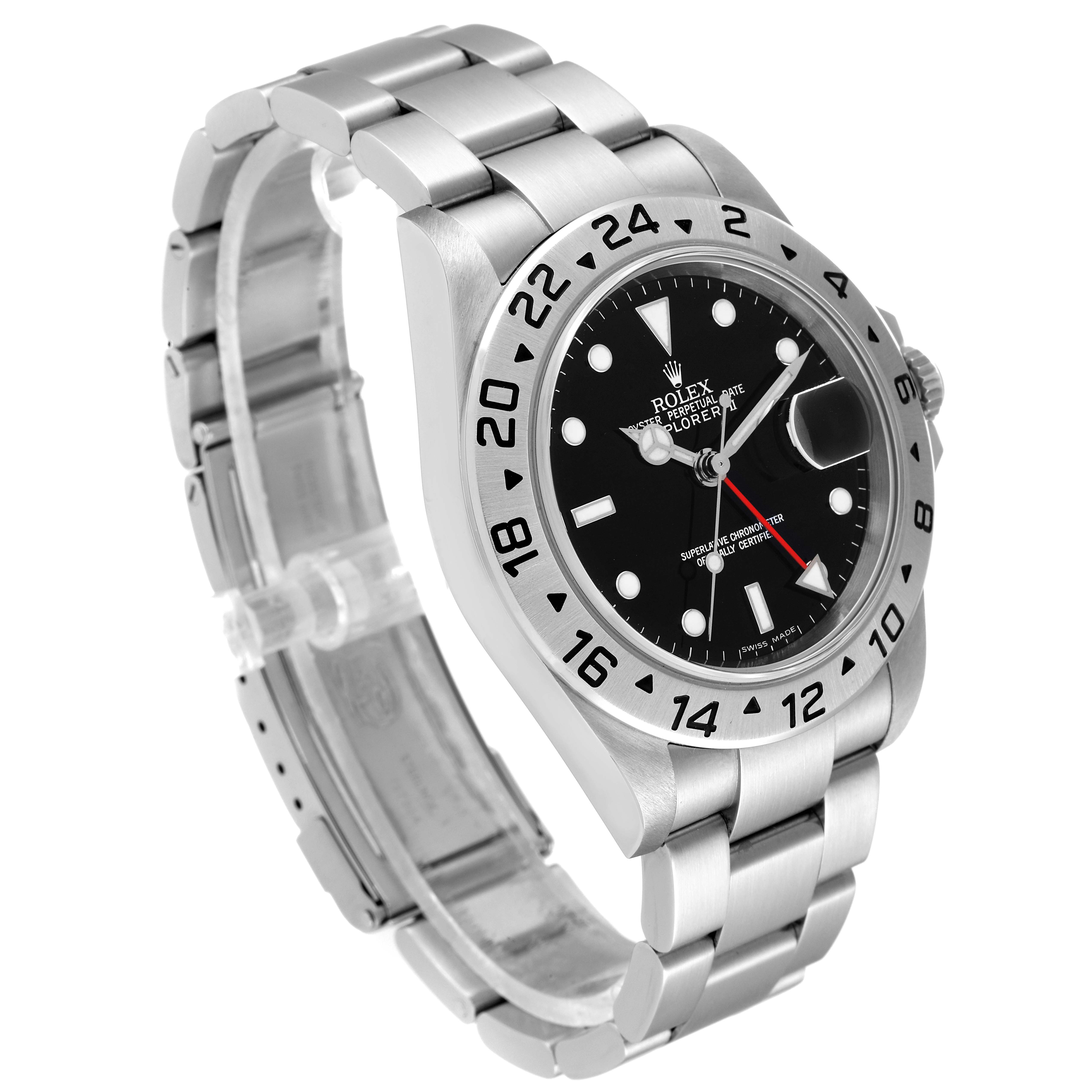 The image shows a side and front angle of a Rolex Explorer 16570 Men
s Stainless Steel Black Dial 16570 Men
s Stainless Steel Black Dial model, highlighting its bezel, dial, and bracelet.